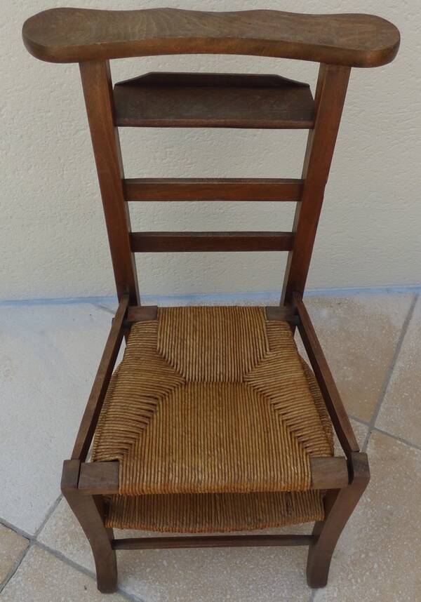 Vintage wooden prayer chair, double woven straw, lift-up seat