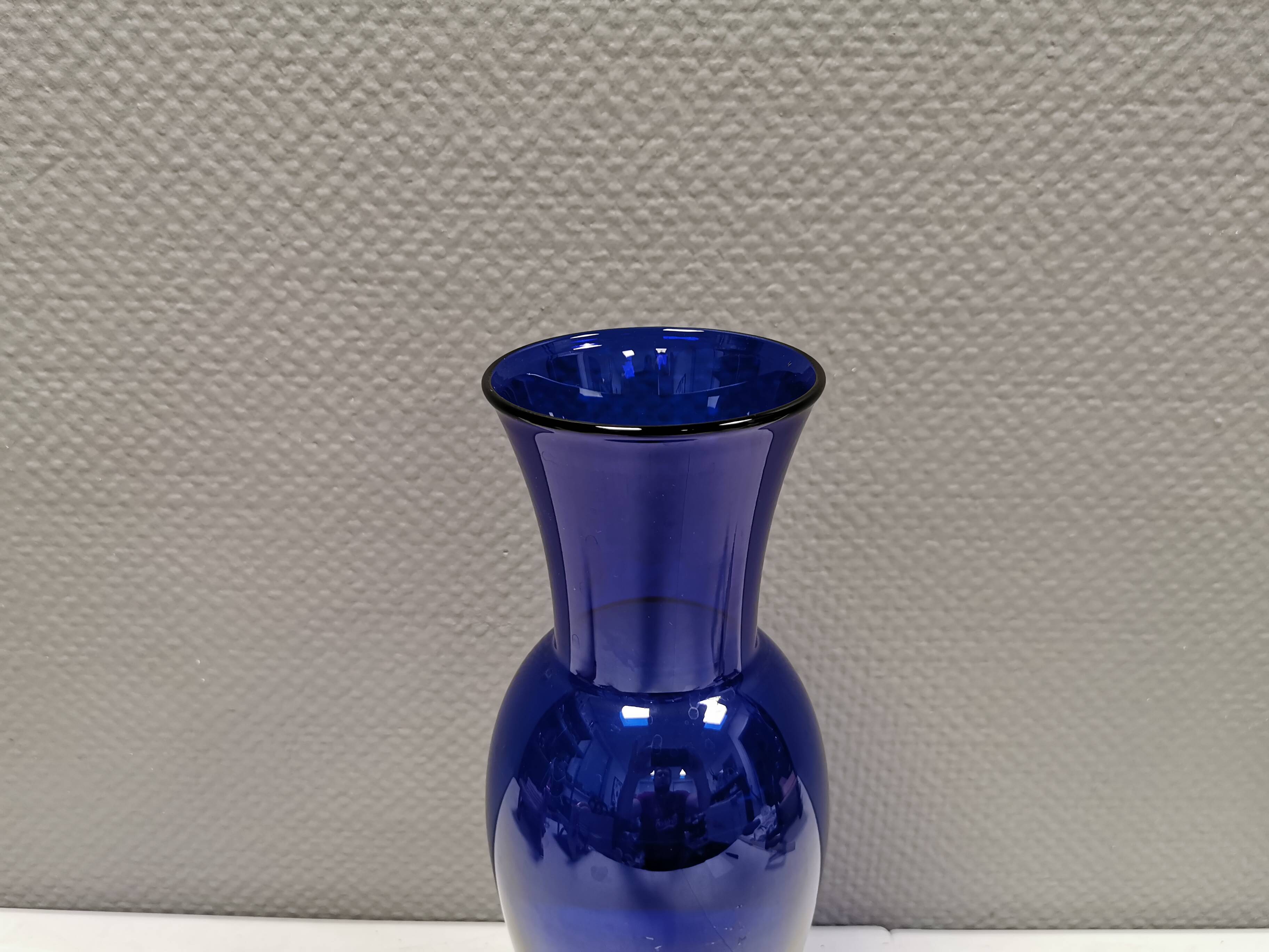 Holmegaard Harlequin Glass vase in blue with thick green base. Designed by Anja Kjær in 1994.