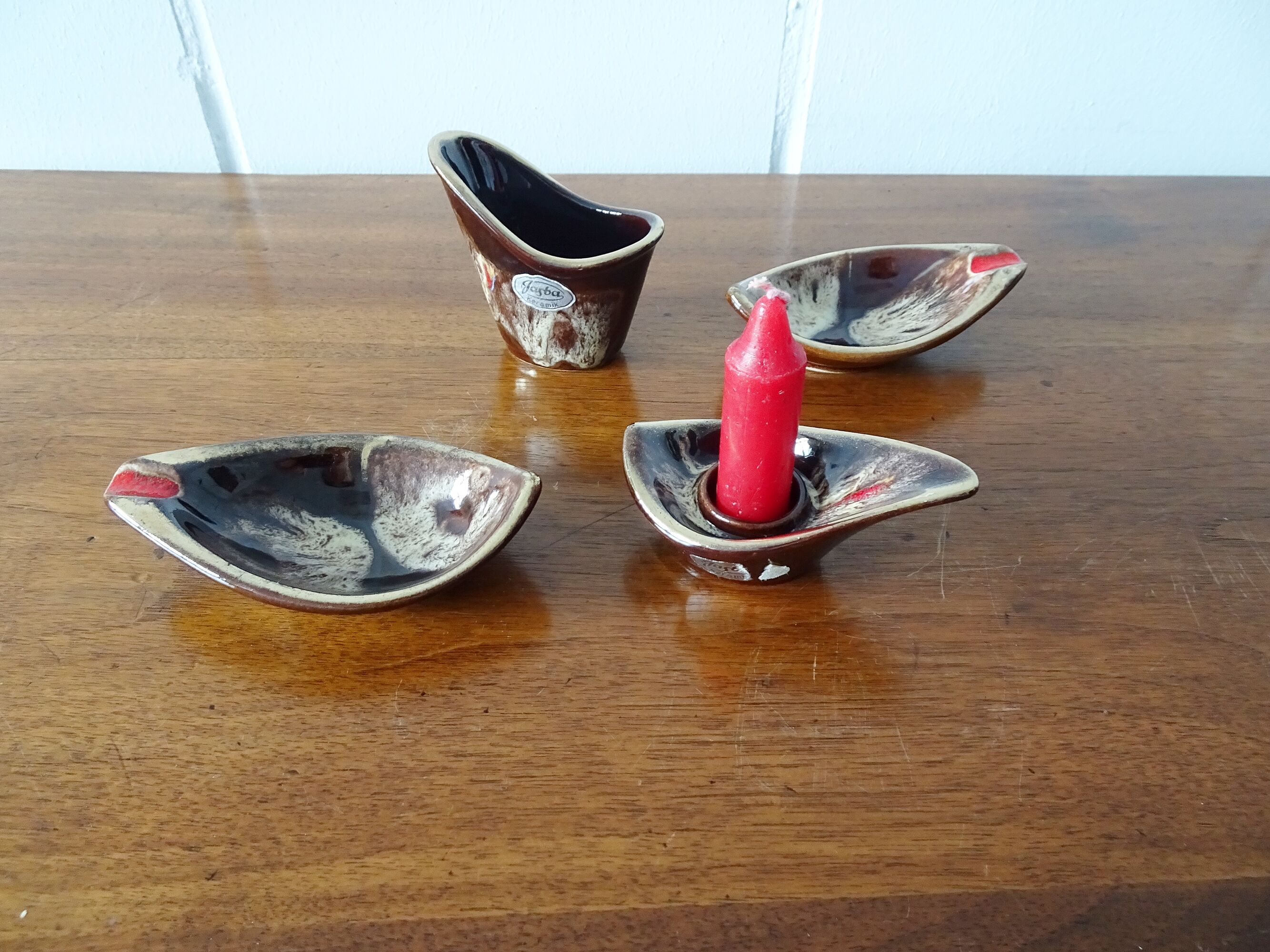 Jasba smoking set in brown red, four-piece Jasba ceramic set, table set, ashtray, candle holder hous