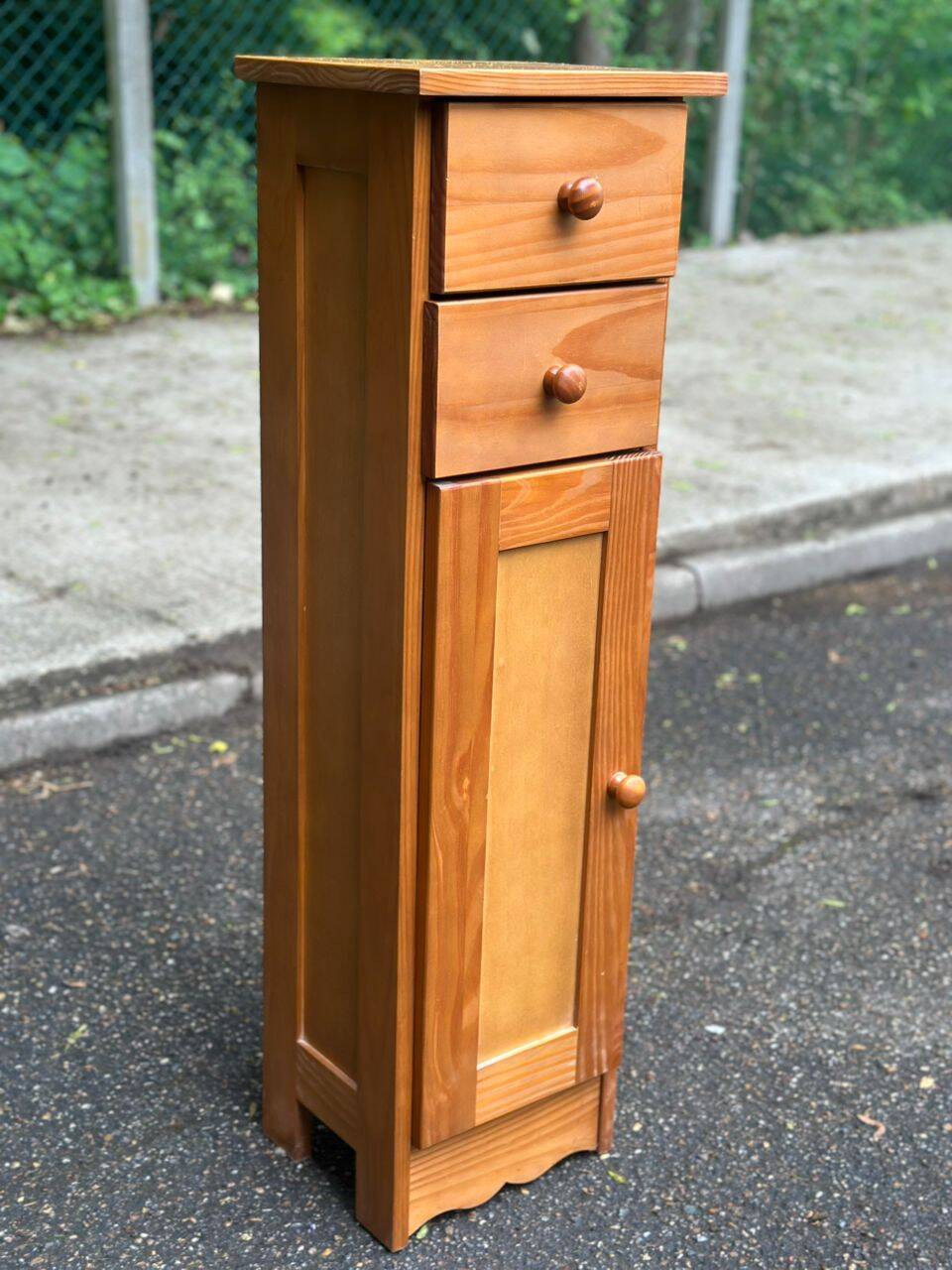 Narrow solid wood bedside table 1980