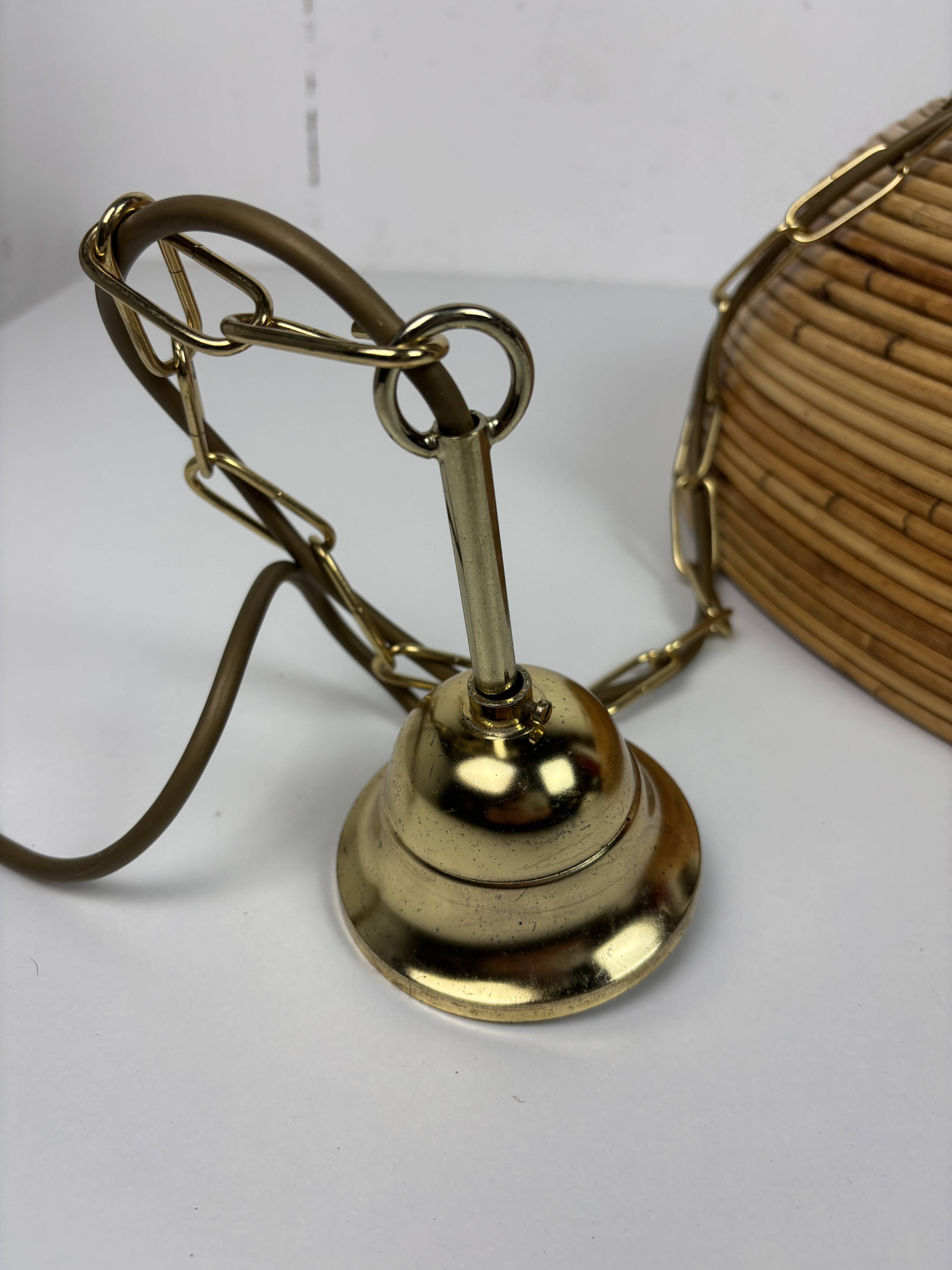 Midcentury Pencil Reed, Rattan, Bamboo and Brass Pendant Hanging Lamp, 1970