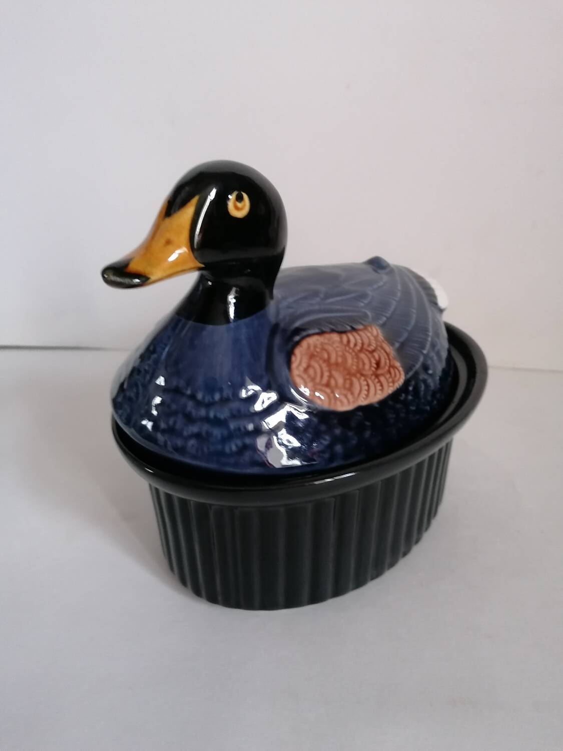 Zoomorphic duck terrine majolica slip