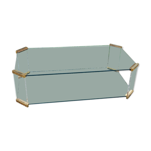 Table basse design des années 70 en verre plexi métal doré