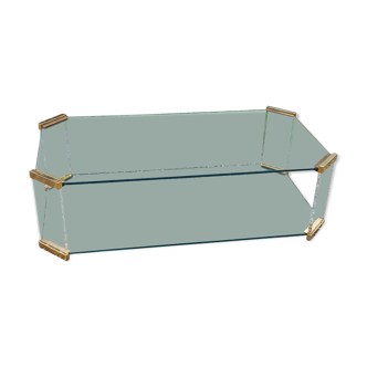 1970s designer coffee table in glass, plexiglass, and gold metal.