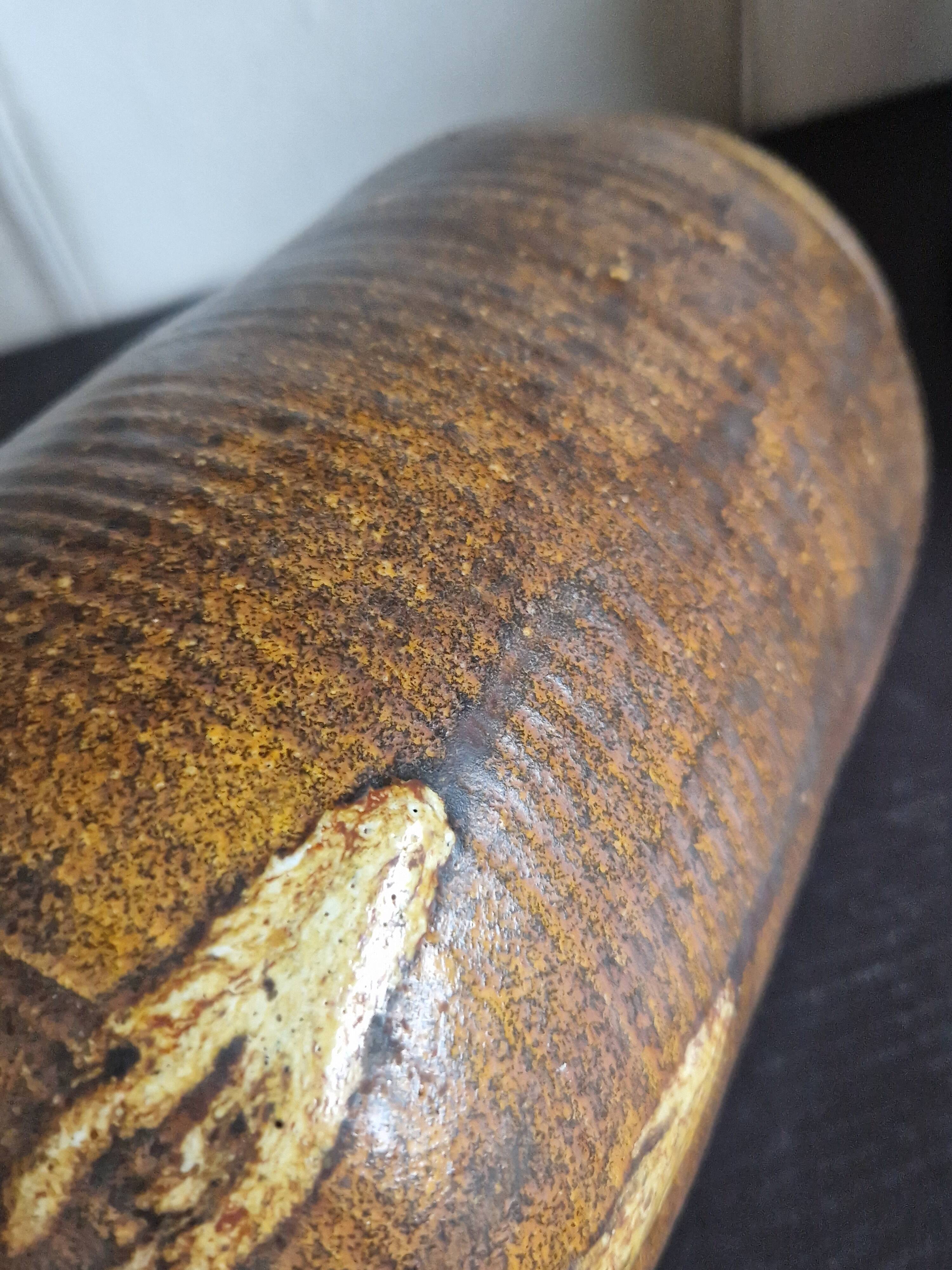 Large brutalist vase in Accolay enamelled stoneware signed Hubert GUY 1960s