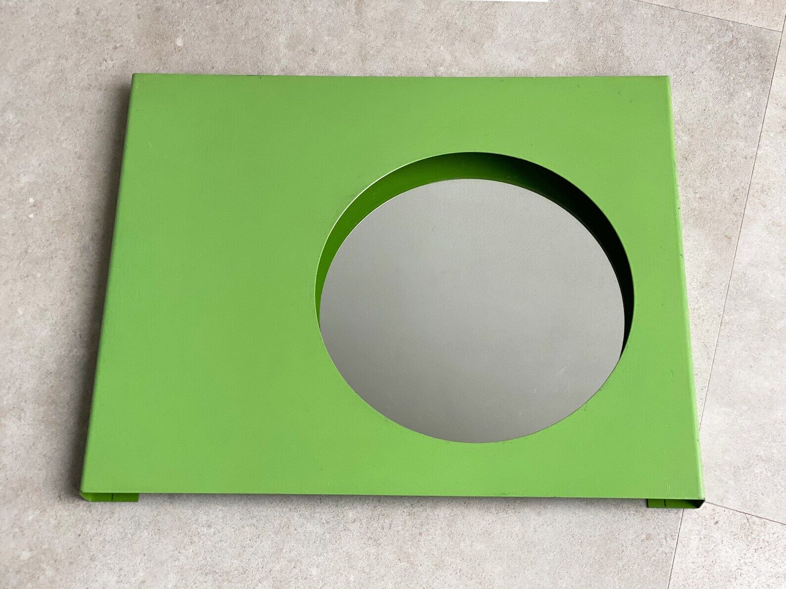 Vintage green metal wall mirror, rectangular, Mid Century decor