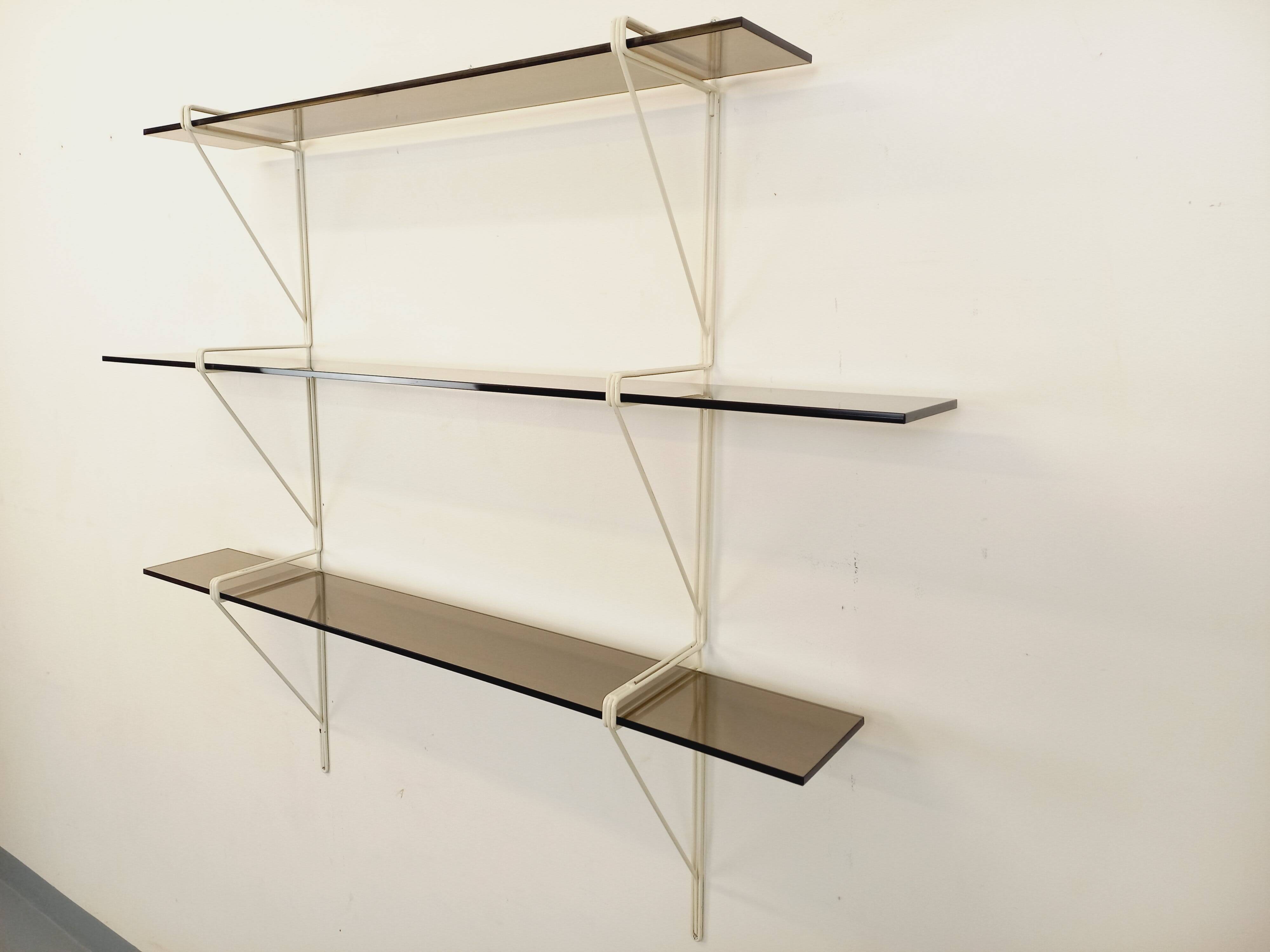 Large vintage wall shelf in smoked glass and white metal in String style.
