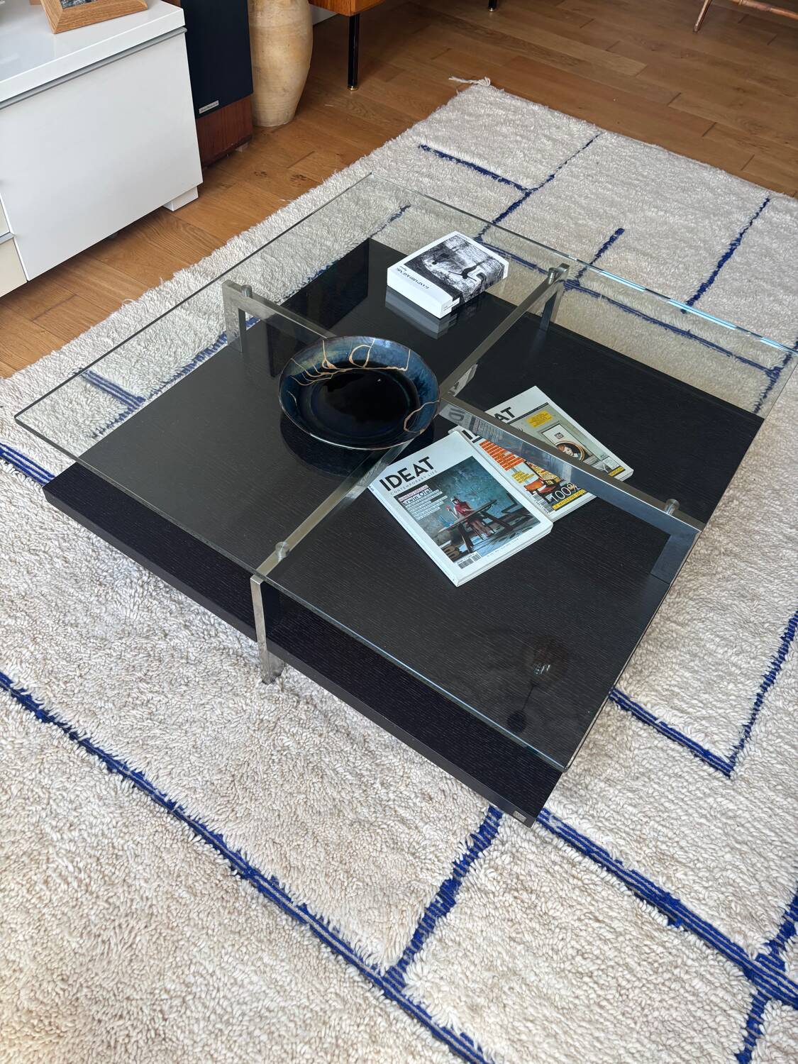 Glass and chrome metal coffee table