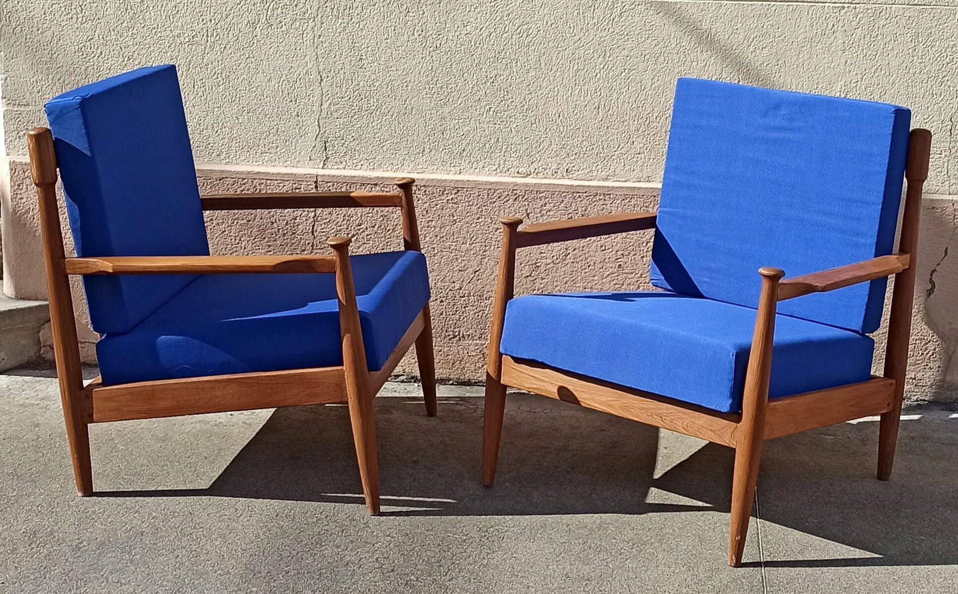 Pair of 1960s Scandinavian armchairs with blue cushions