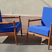 Pair of 1960s Scandinavian armchairs with blue cushions