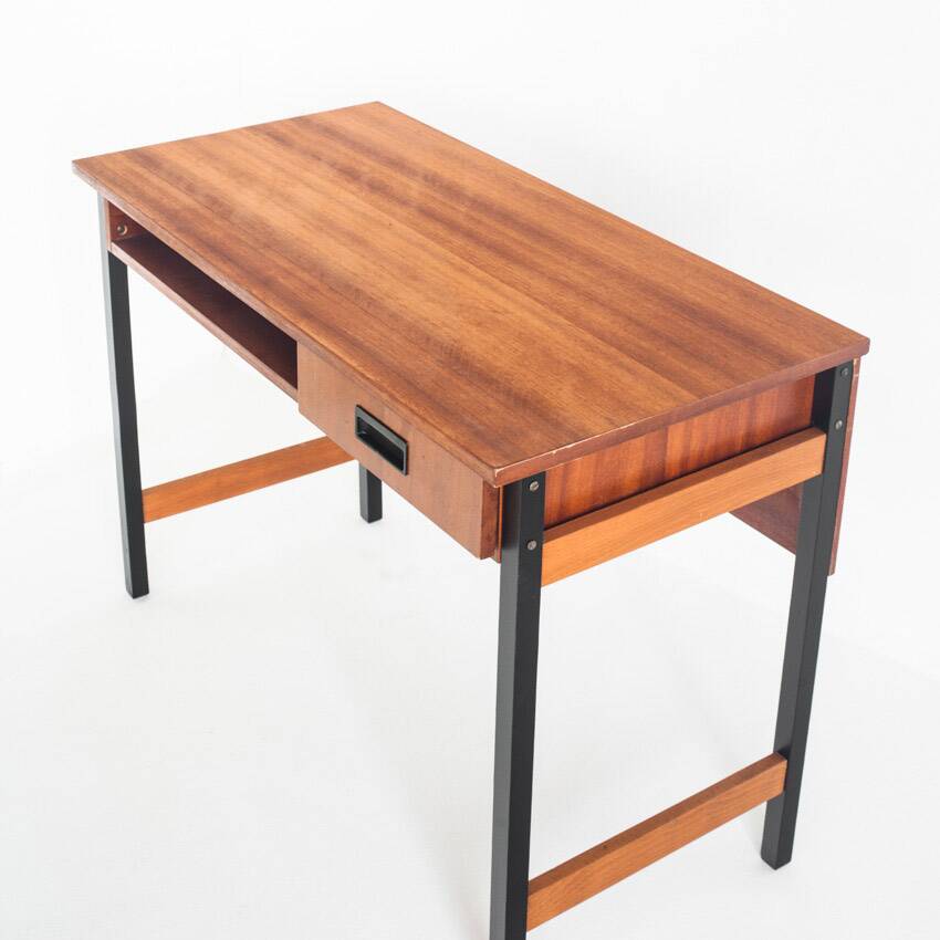 Vintage one-drawer desk. Mahogany veneer and solid beech. France, 1960s