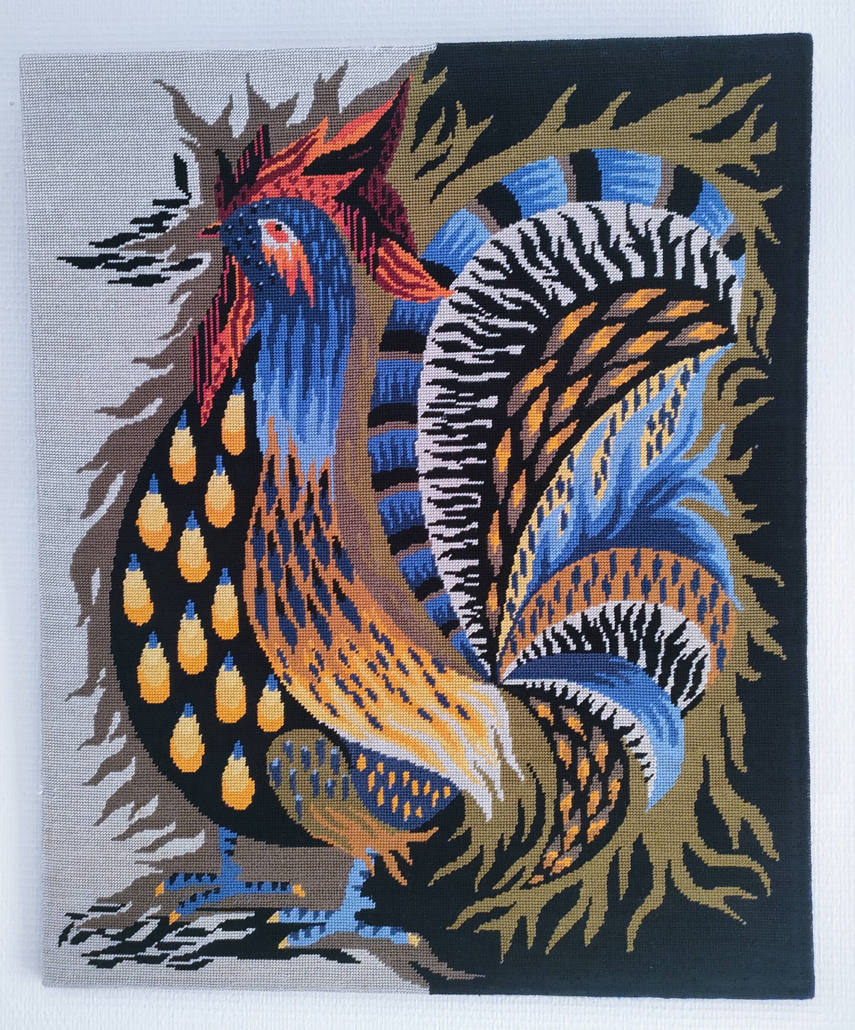 handmade "Aurore" rooster tapestry from the 1970s