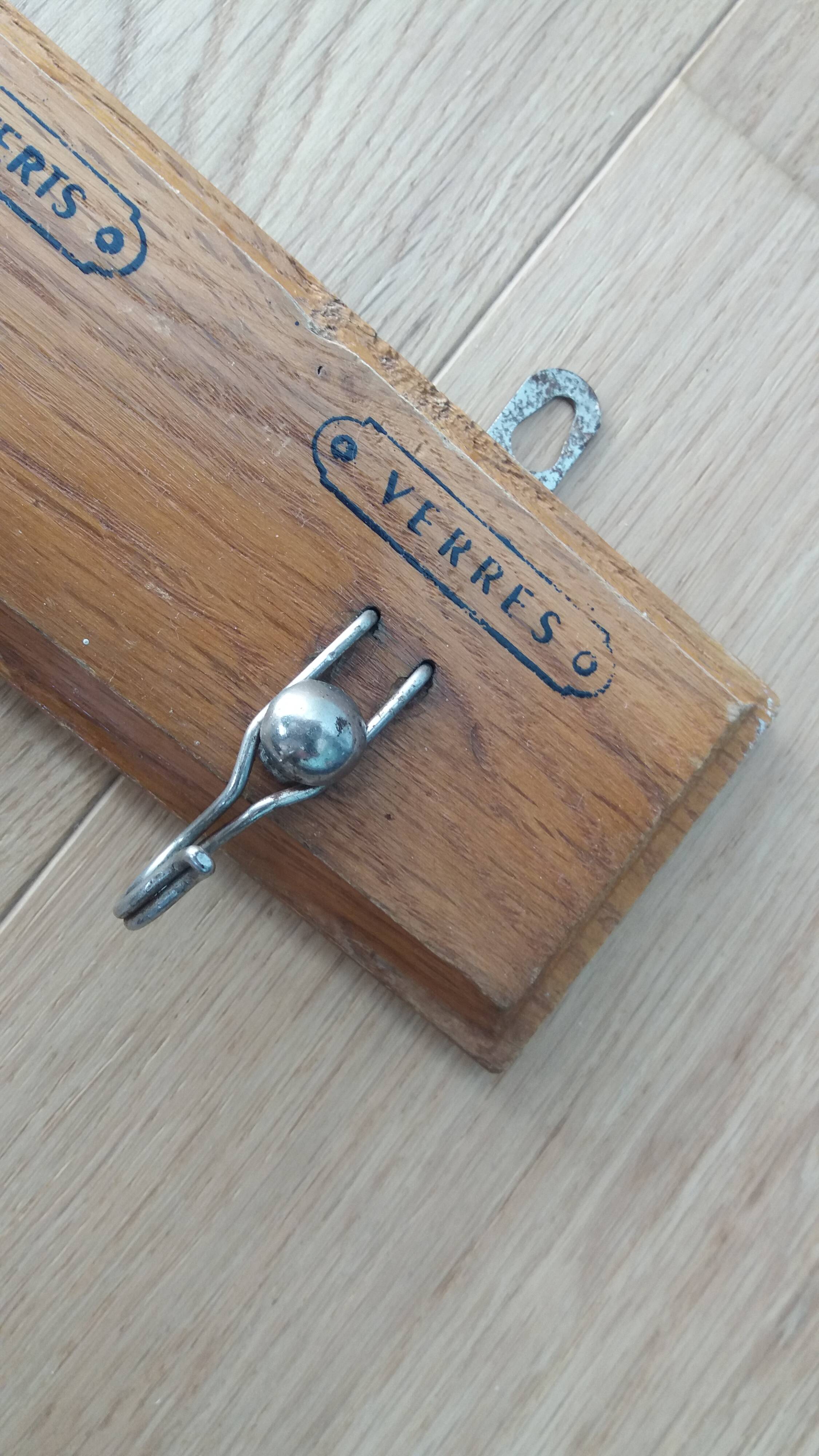 Tea towel holder, wooden and metal towel hook.