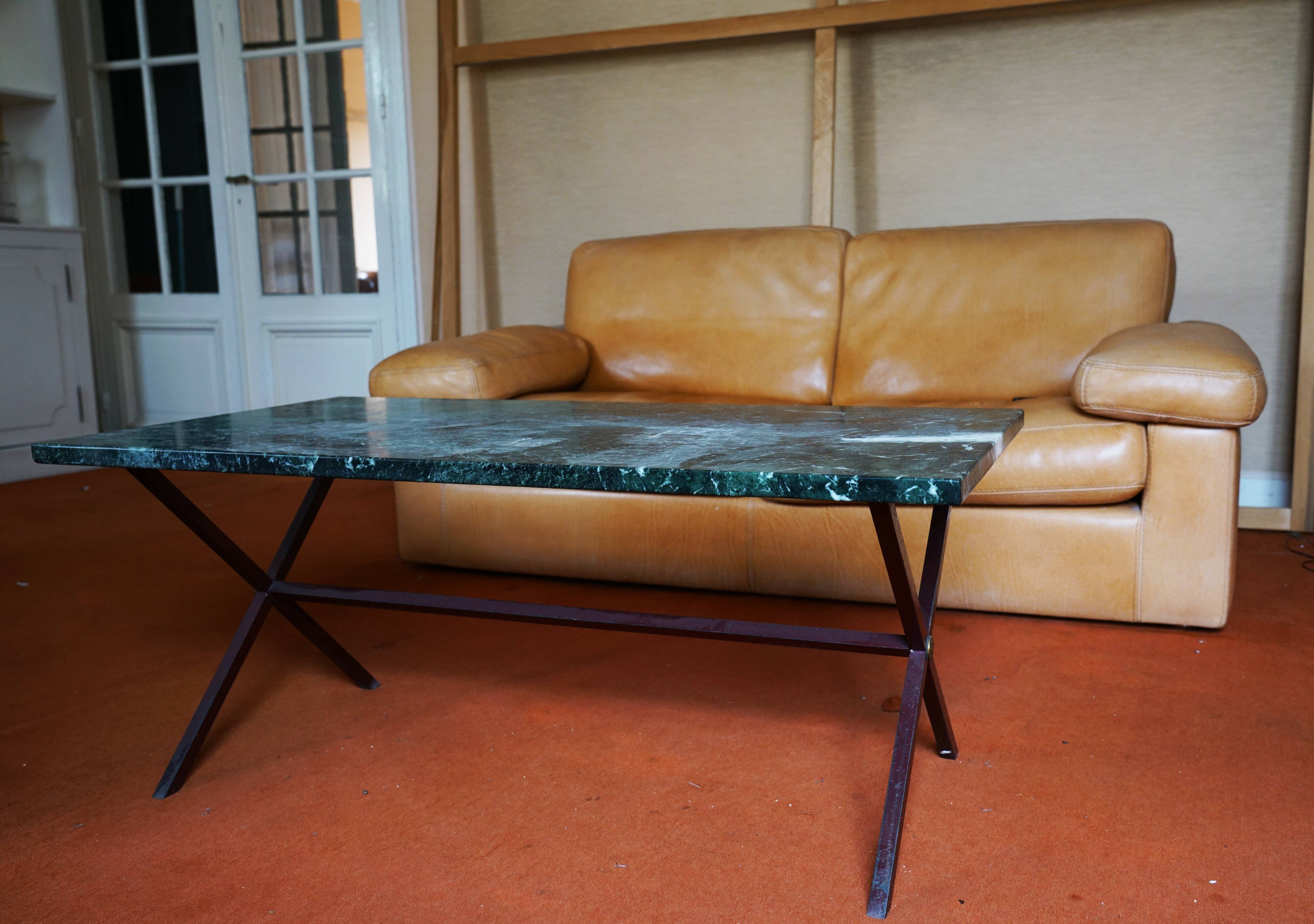 Coffee table in green marble veined with white vintage 70s