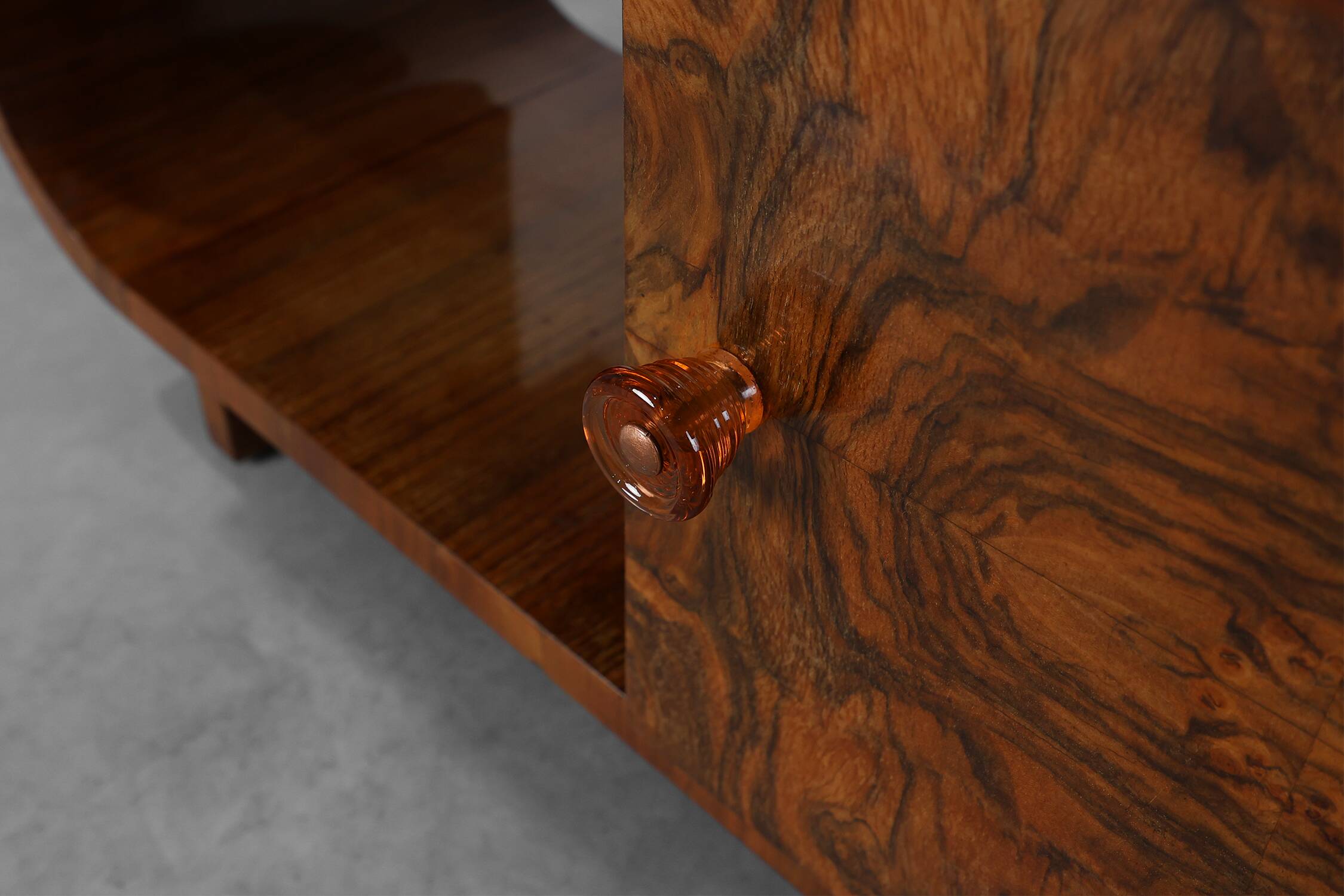 Belgian Art Deco Cabinet in Burl Veneer with Marble and Glass, circa 1930