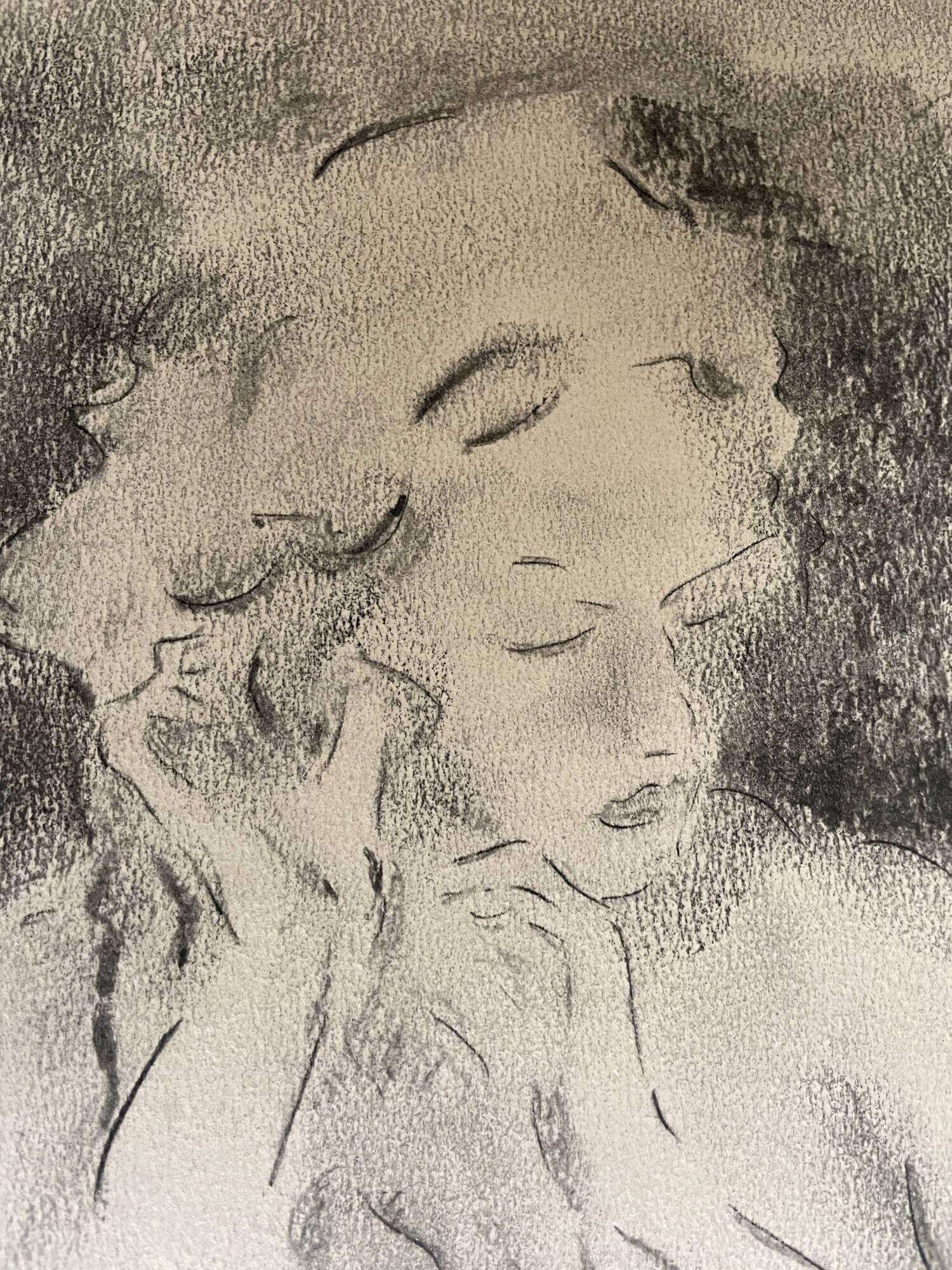 Charcoal painting signed portrait of woman combing her hair