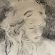 Charcoal painting signed portrait of woman combing her hair