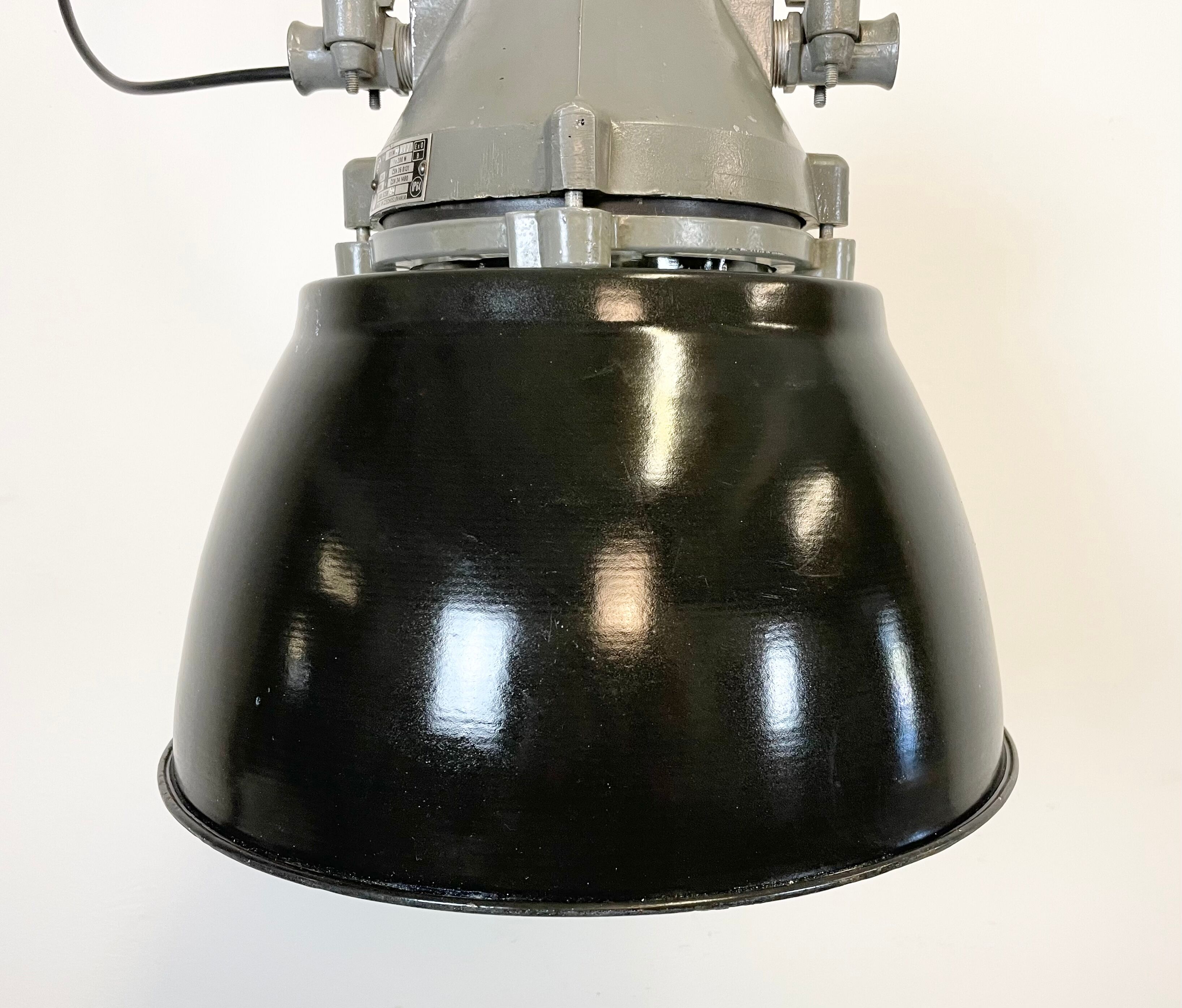 Dark grey explosion proof lamp with black enameled shade, 1970s