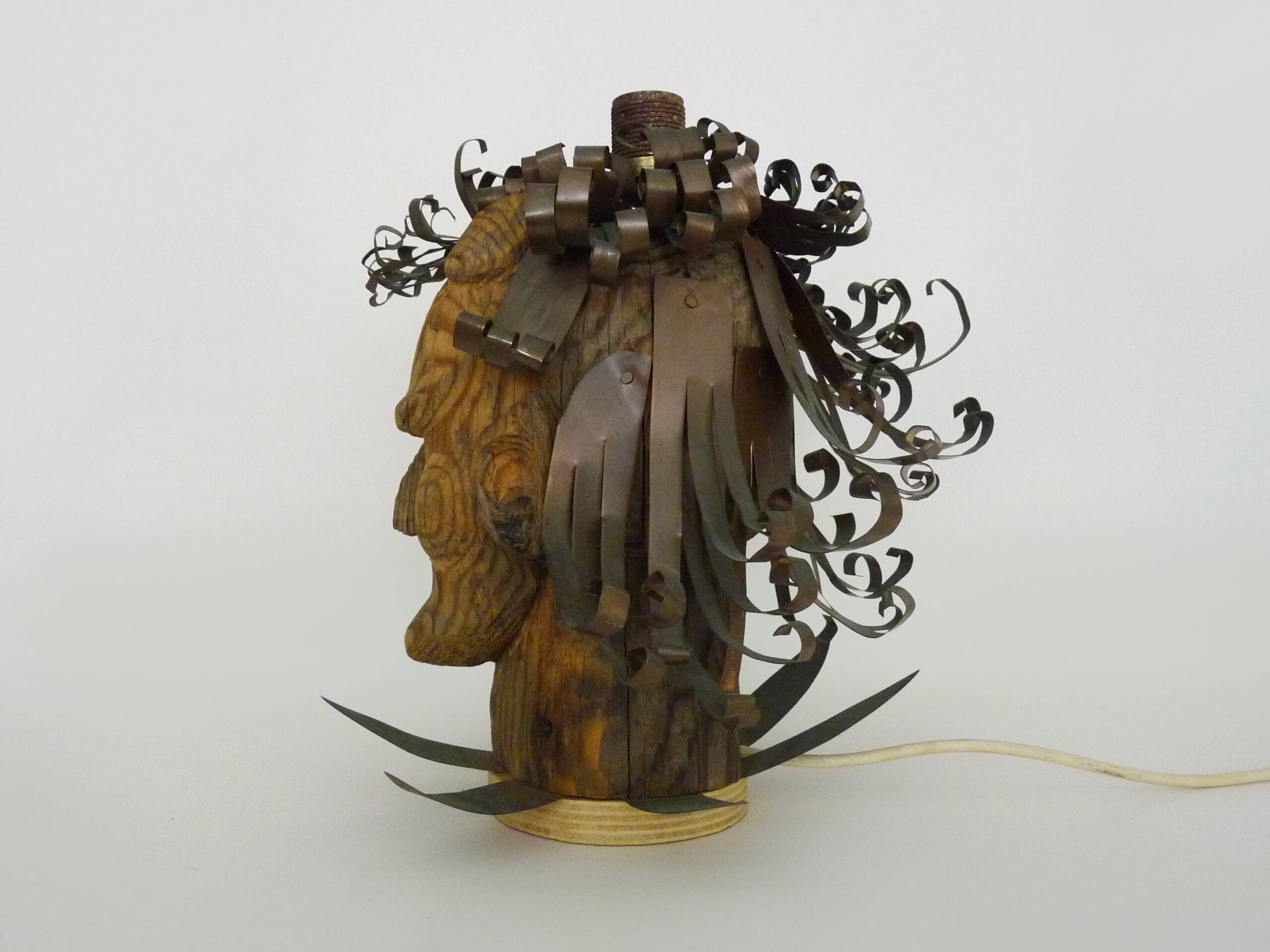 Unique piece. Wooden lamp and metal hair with devil's head "self-portrait"