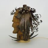 Unique piece. Wooden lamp and metal hair with devil's head "self-portrait"