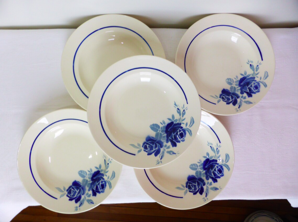 Set of 5 vintage flat plates from Grimaud Strasbourg, Poitiers model, porcelain