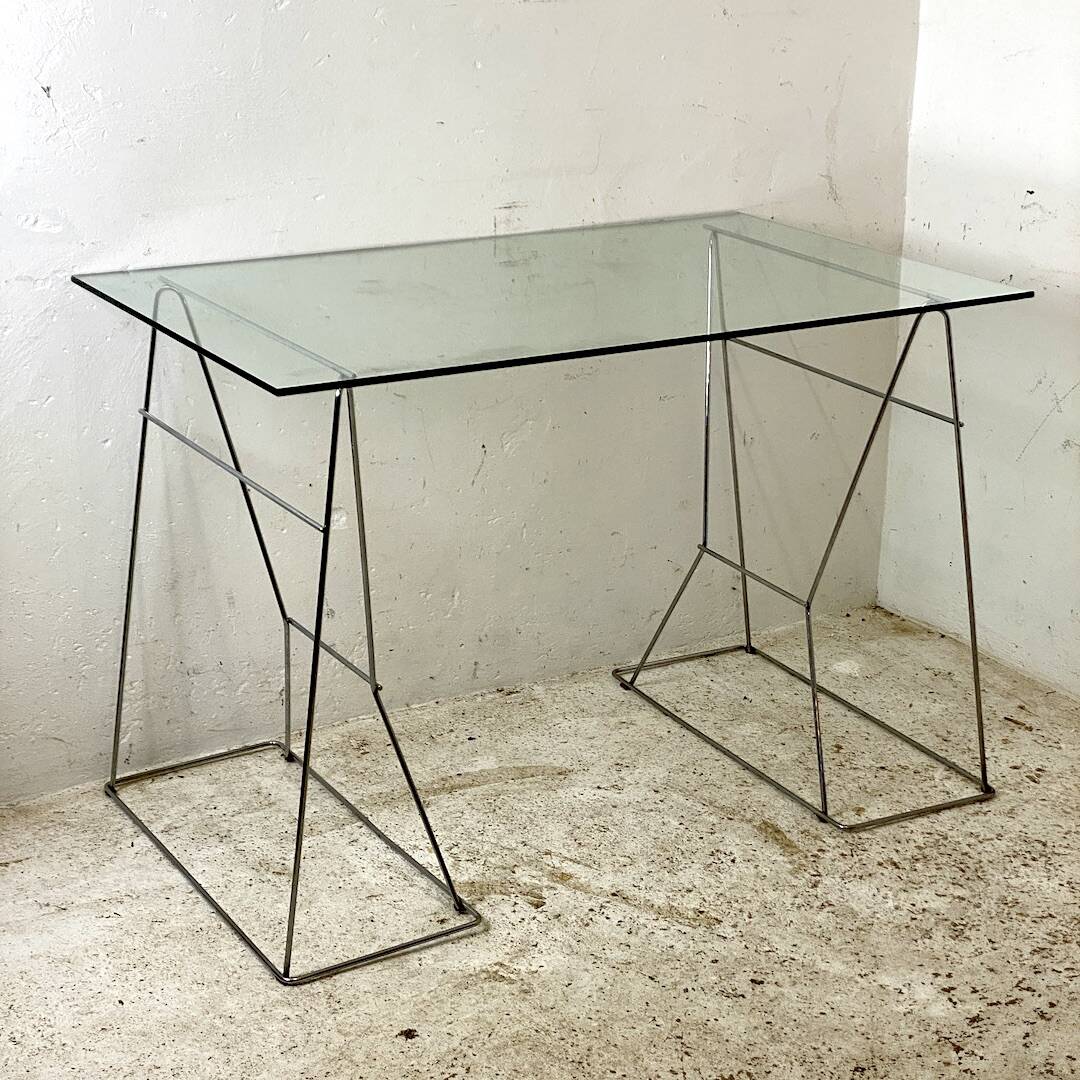 Minimalist glass and metal desk from the 1970s