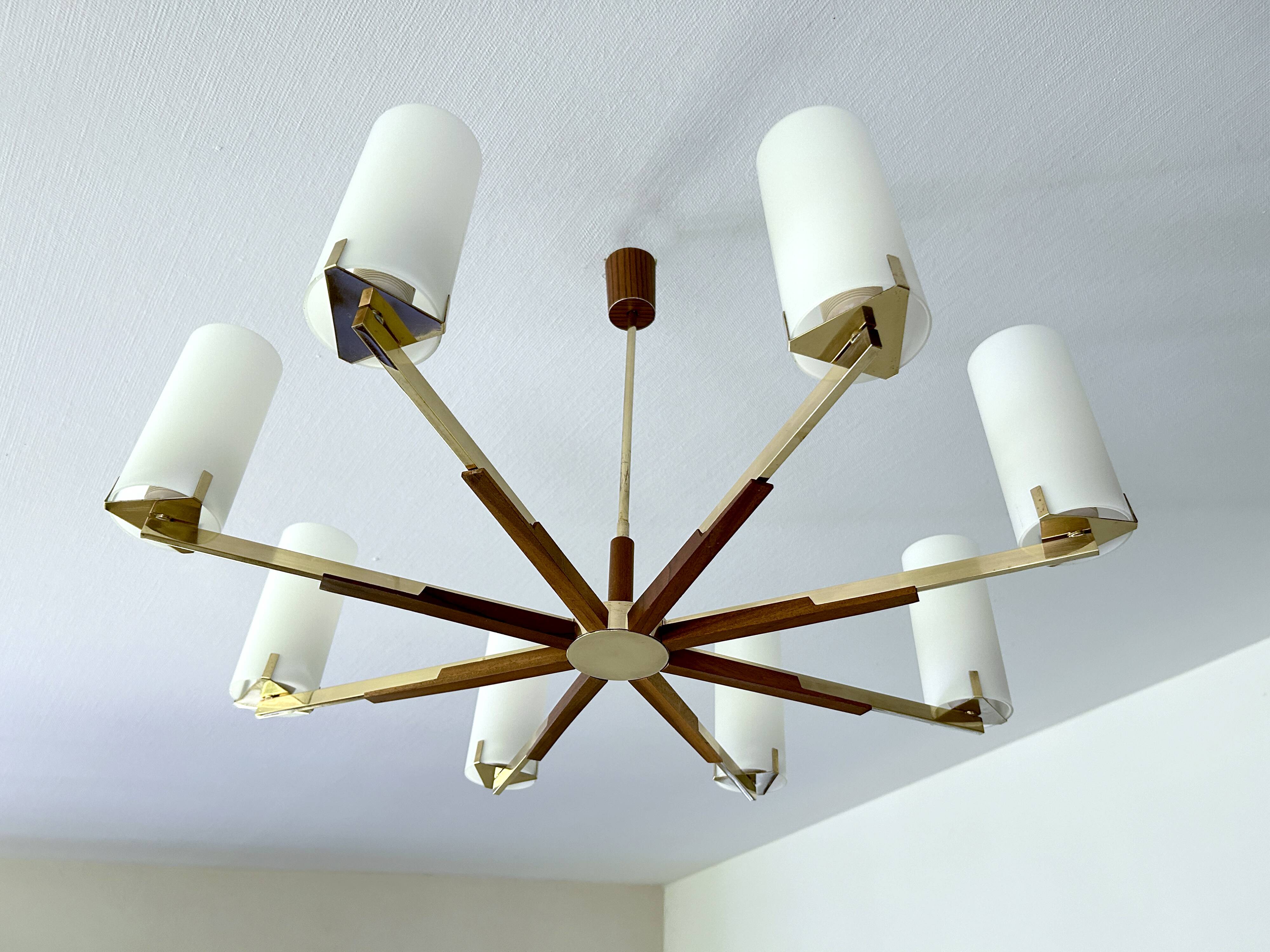 Grande suspension scandinave, teck, laiton et verre