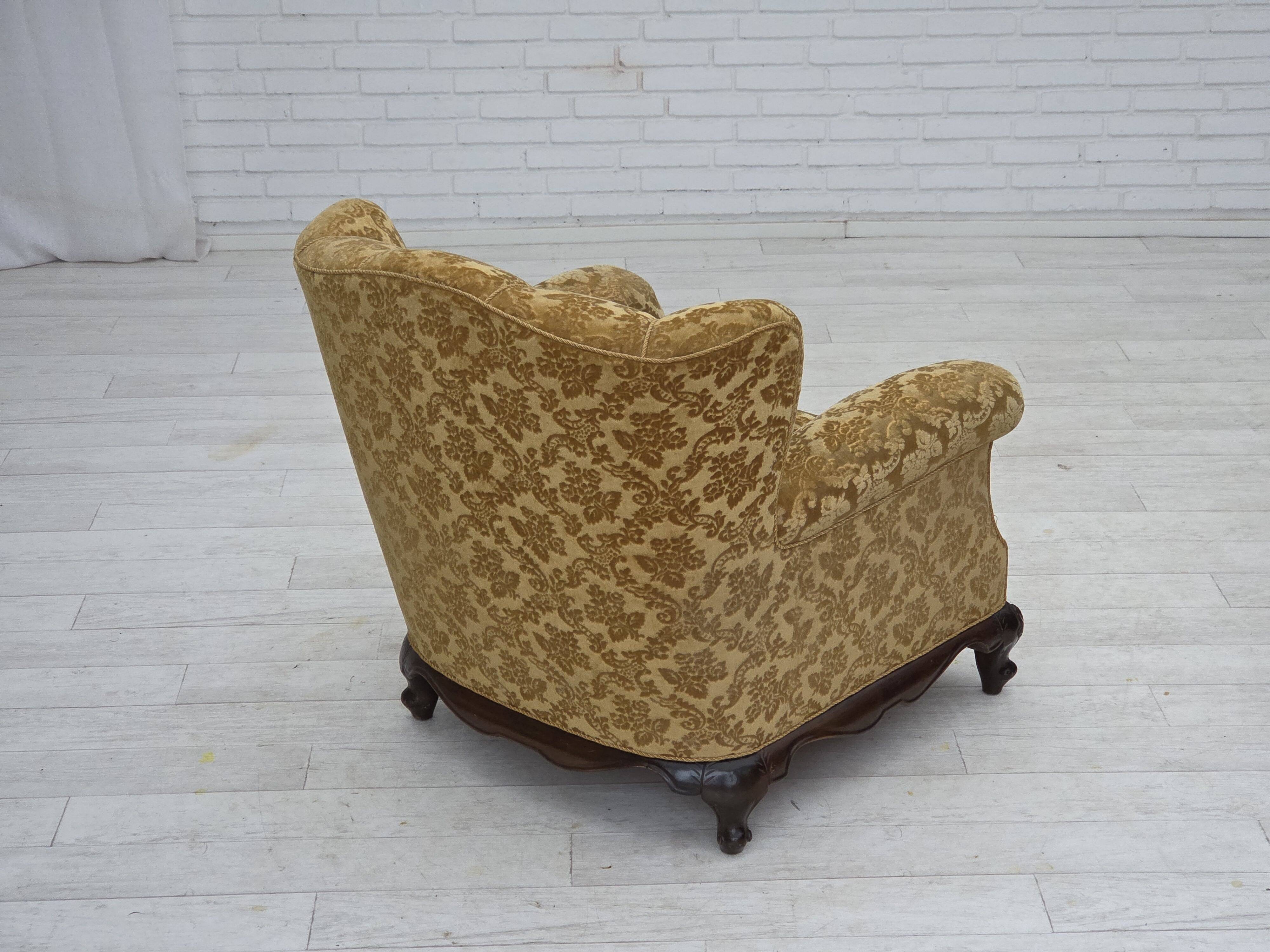 1950s, Danish relax armchair, furniture velour, carved oak wood.
