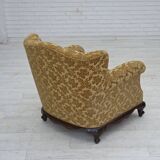 1950s, Danish relax armchair, furniture velour, carved oak wood.