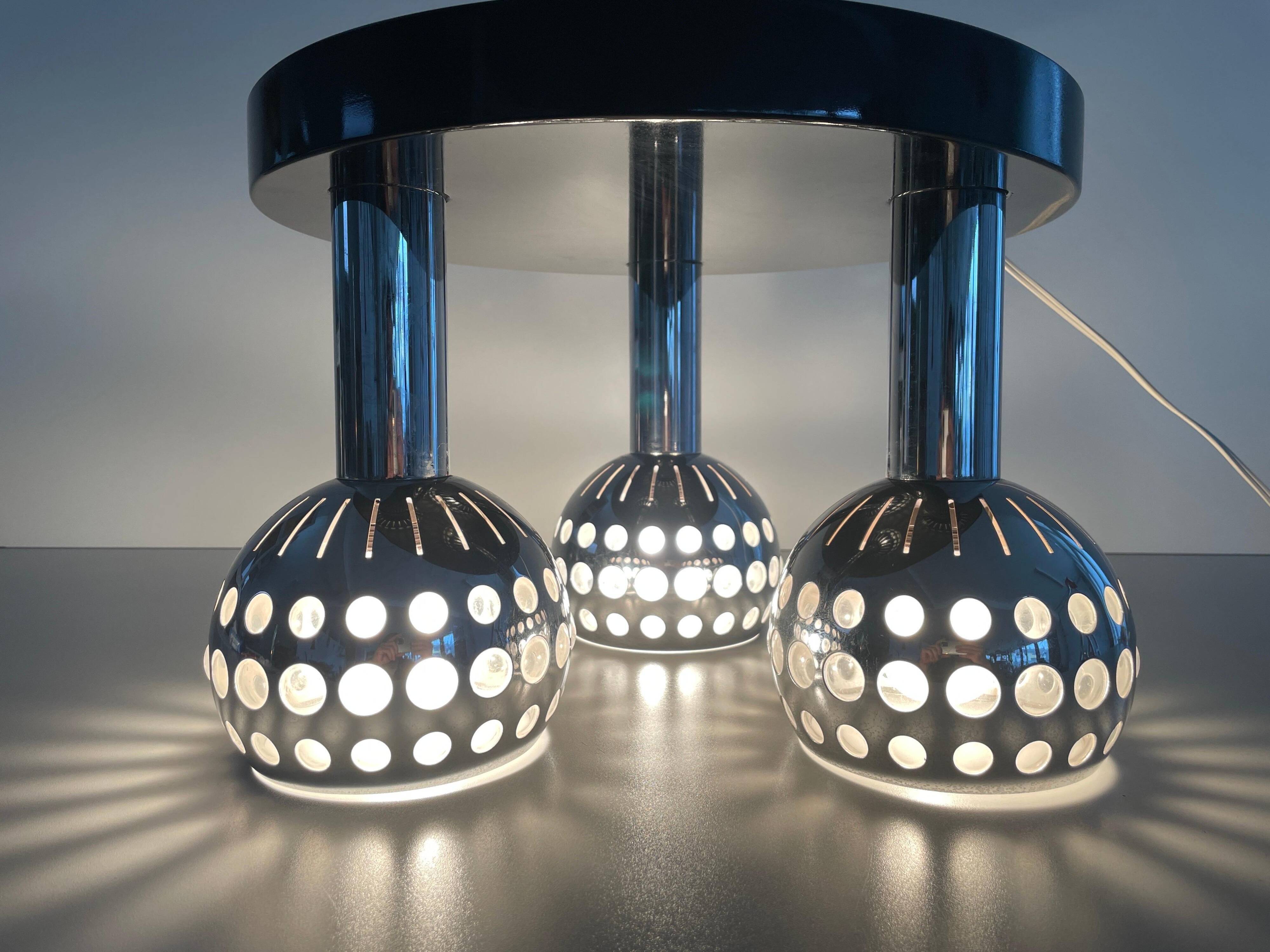 Mid-century ceiling light with 3 shades and wooden base, 1960s, Italy.