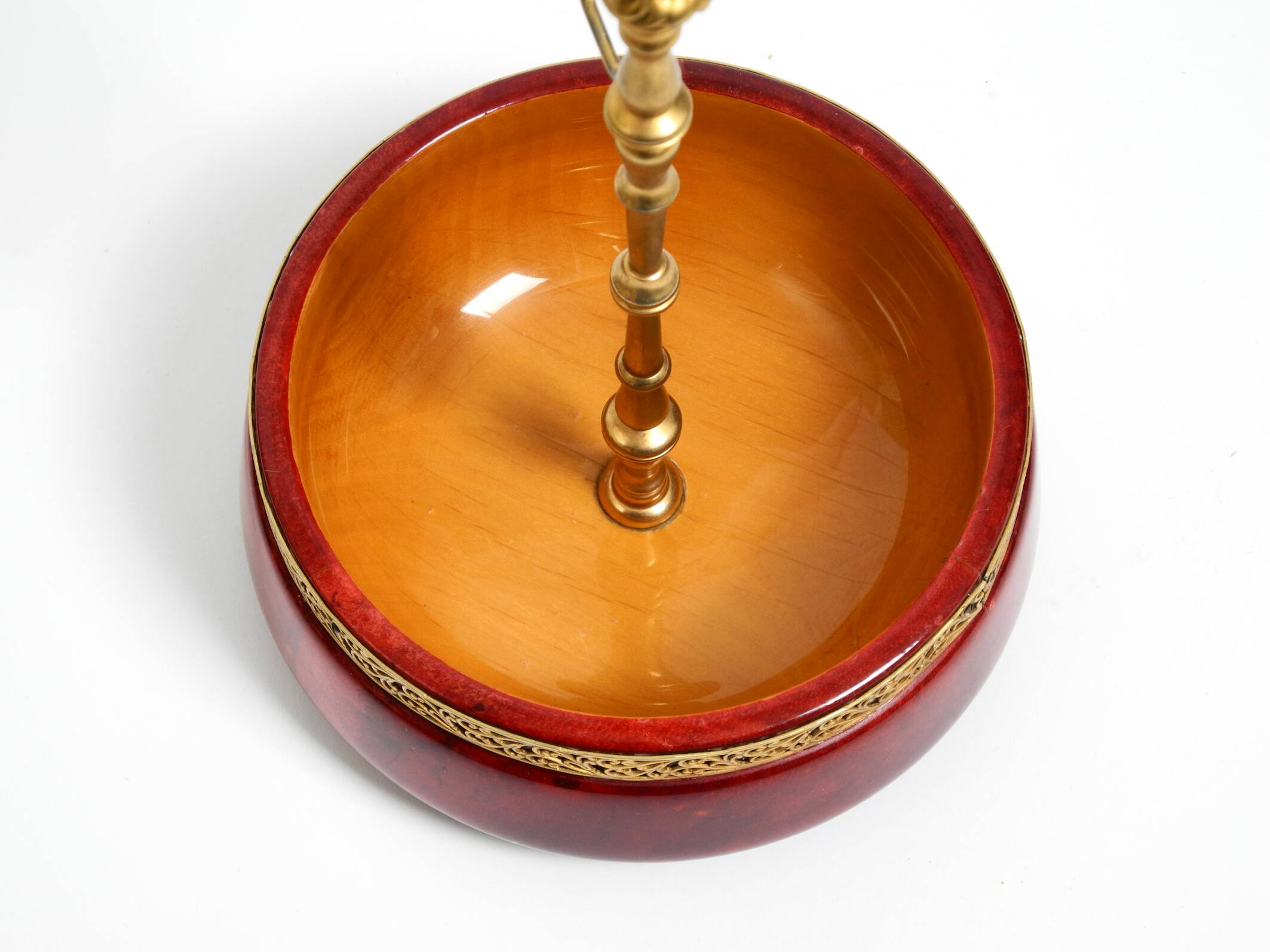 Beautiful 1960s nut bowl by Aldo Tura made of red goatskin and brass