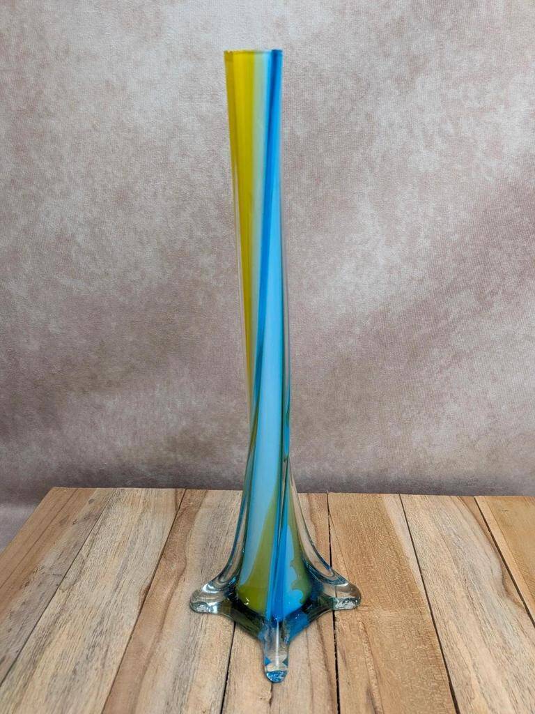 Vintage glass vase in blue and yellow Murano style.