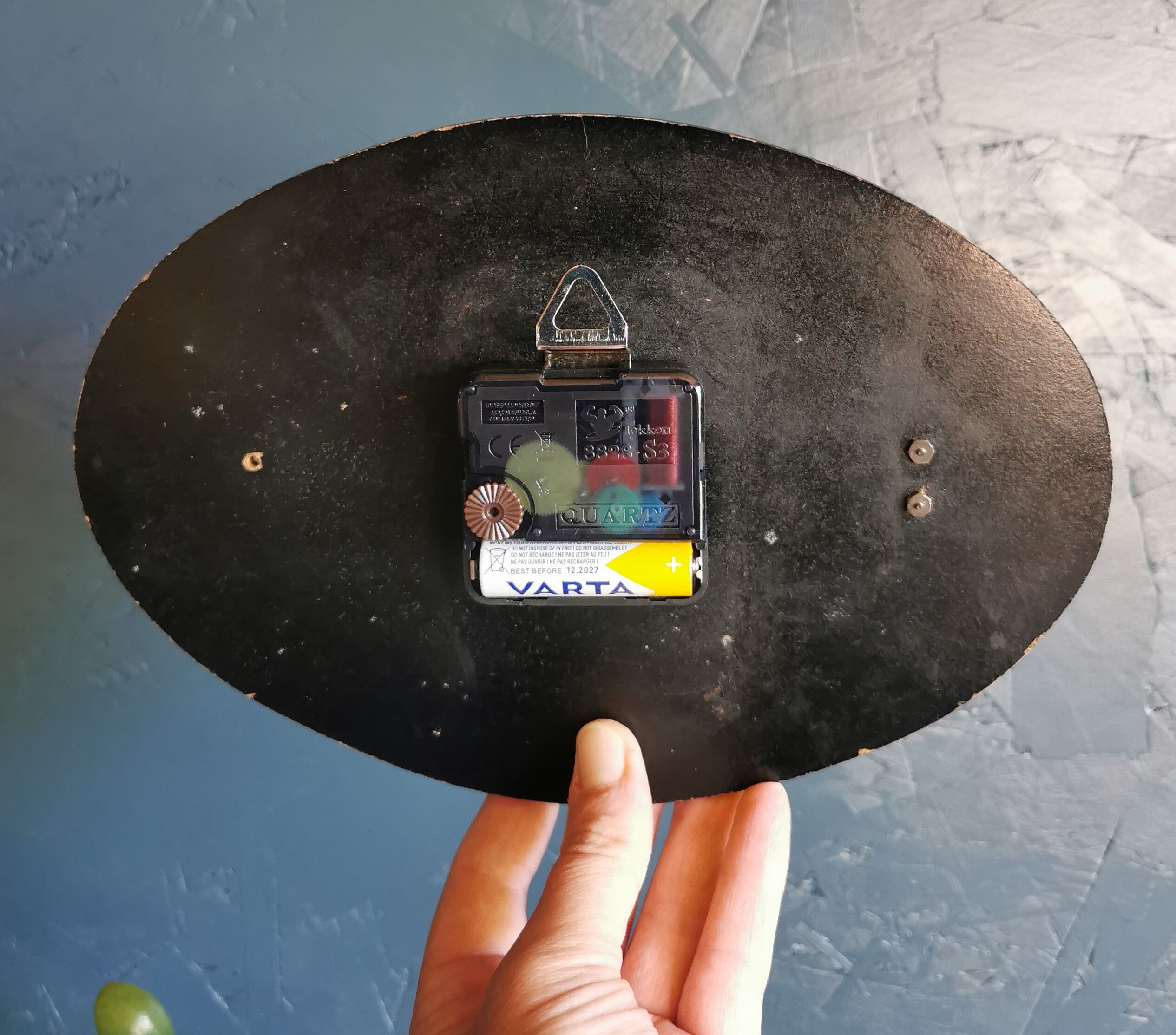 Vintage formica clock oval silent wall clock "Cadelec blue"