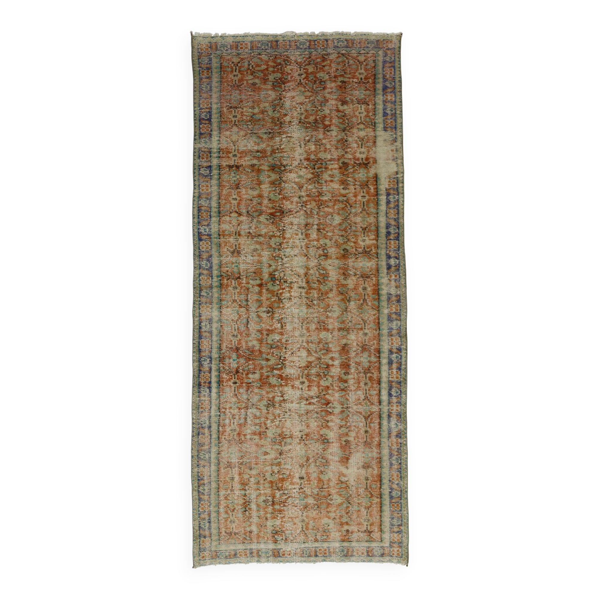 Tapis Oushak Ancien en Longueur – Couleurs Terre & Bleu, 104 x 260 cm