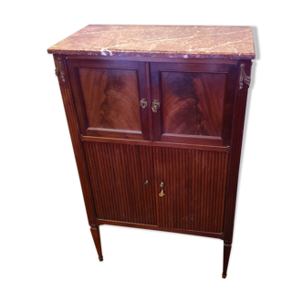 Small mahogany cabinet with 4 doors and pink marble