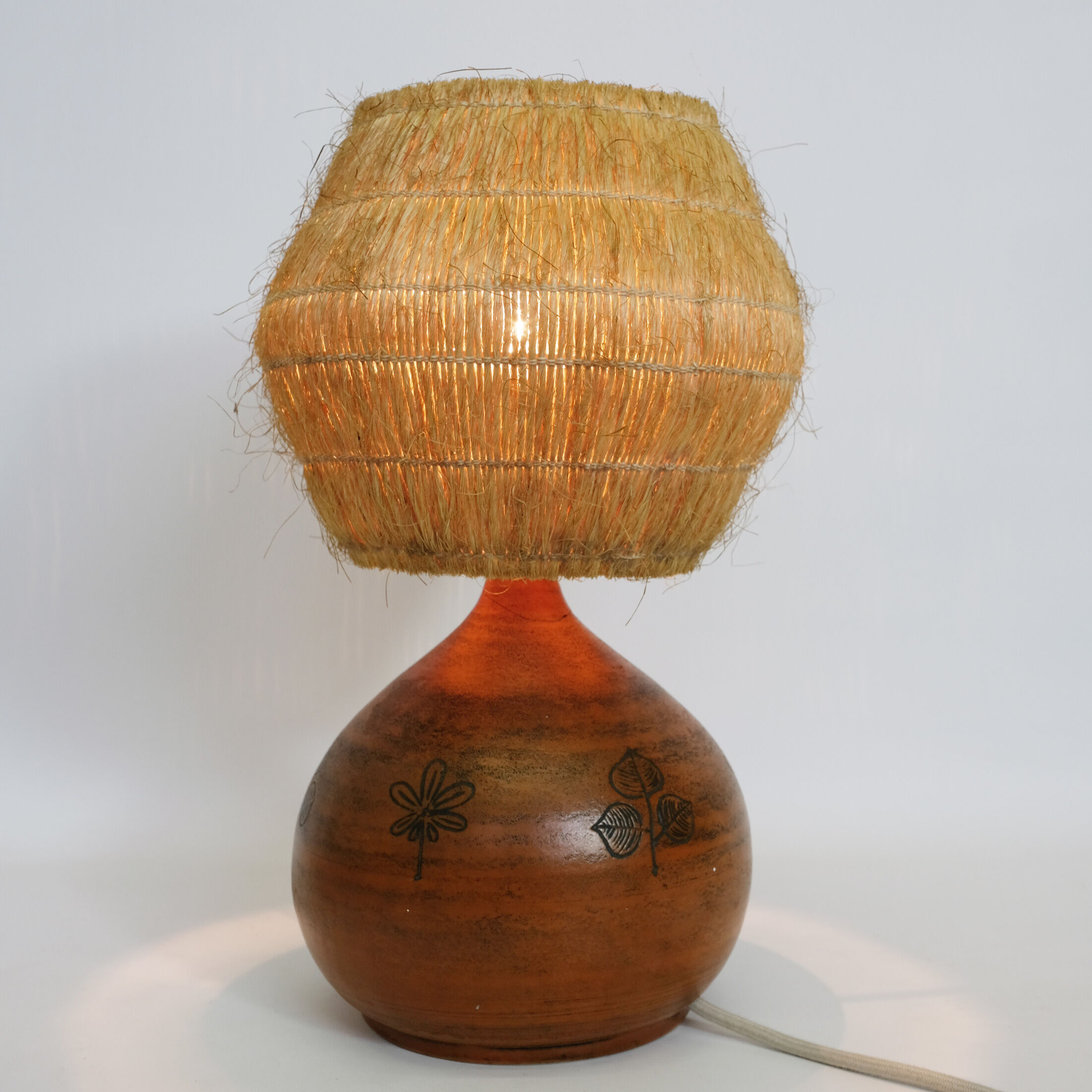 Lamp in enameled earthenware and straw lampshade by Jacques Blin