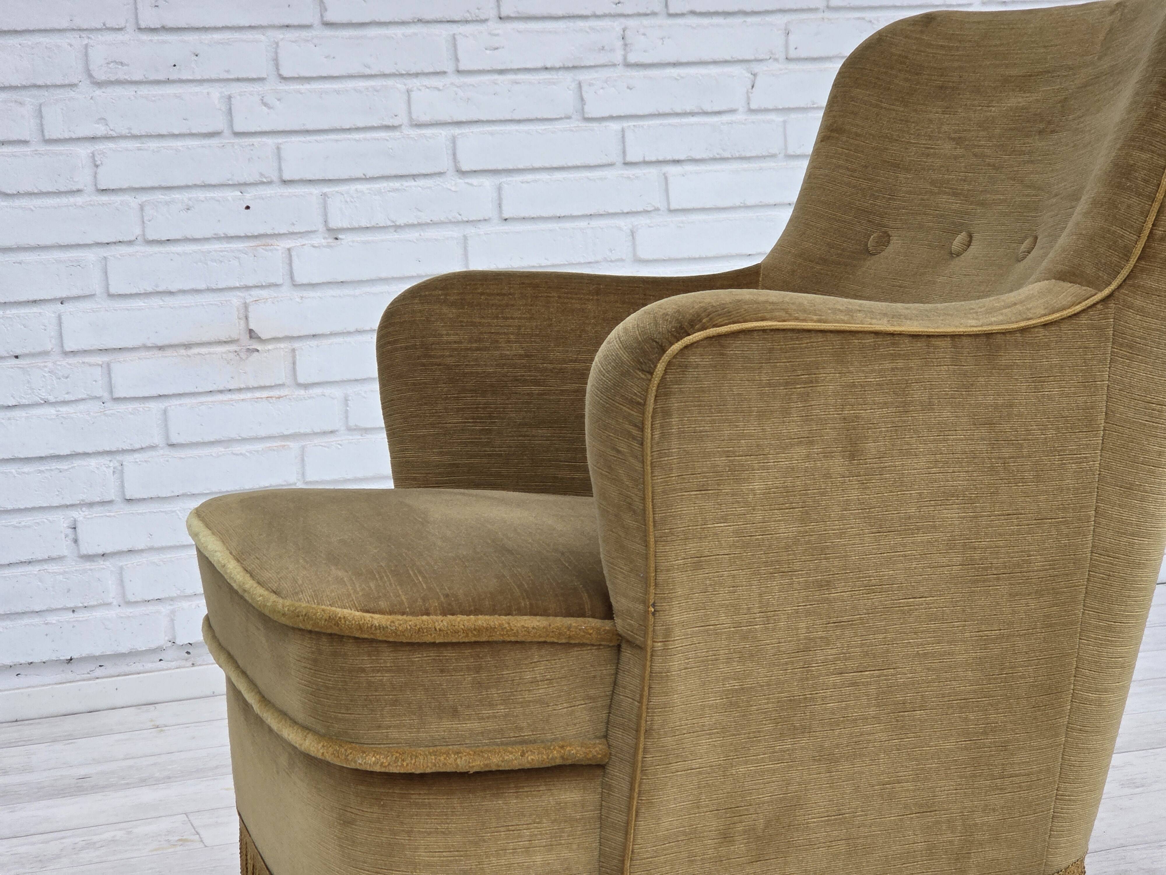 1970s, Danish lounge chair, light green furniture velour, beech wood.