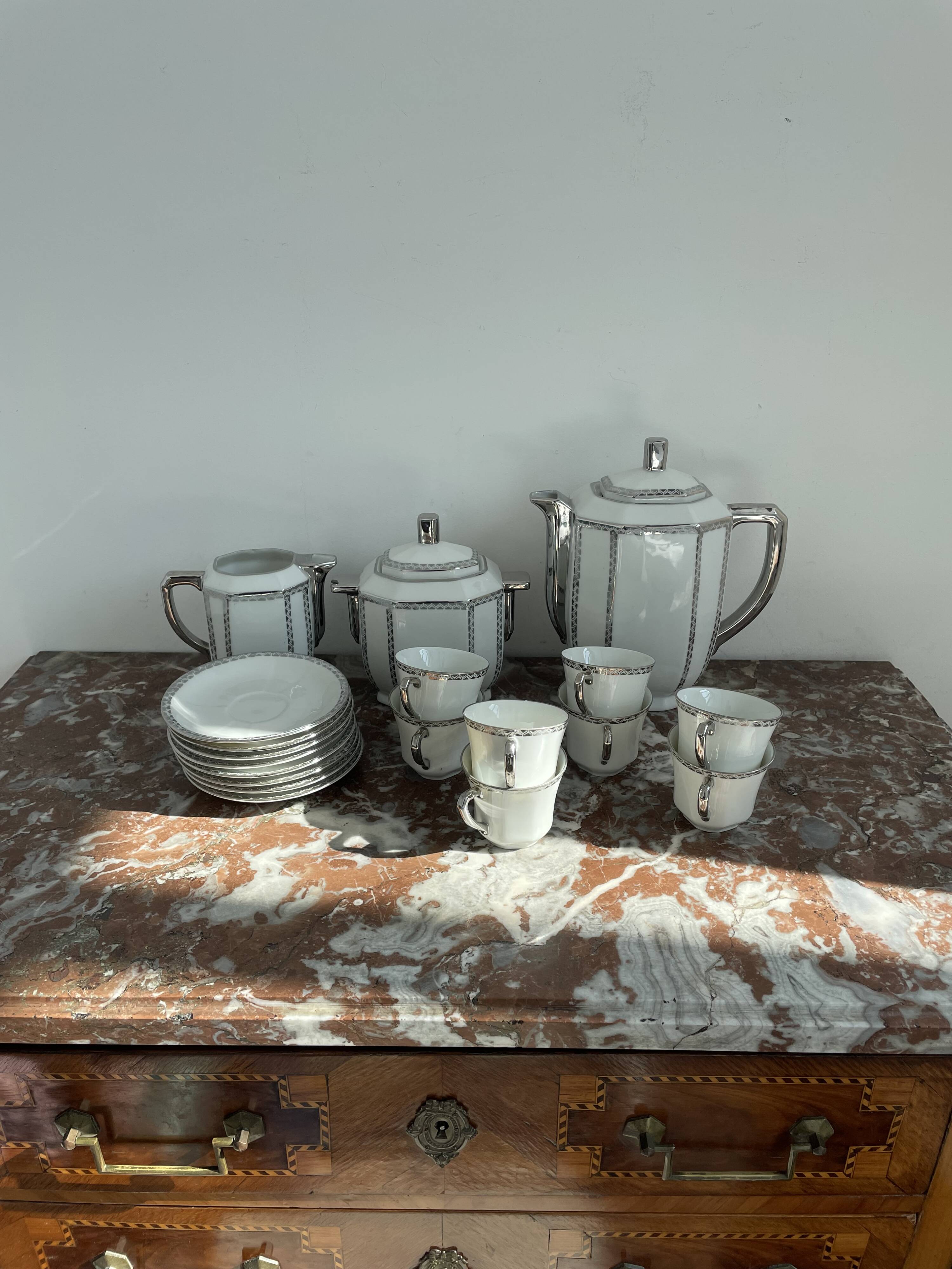 Coffee set, tea 1925, art deco, union céramique, uc, limoges, 8 cups, 8 subcups, teapot