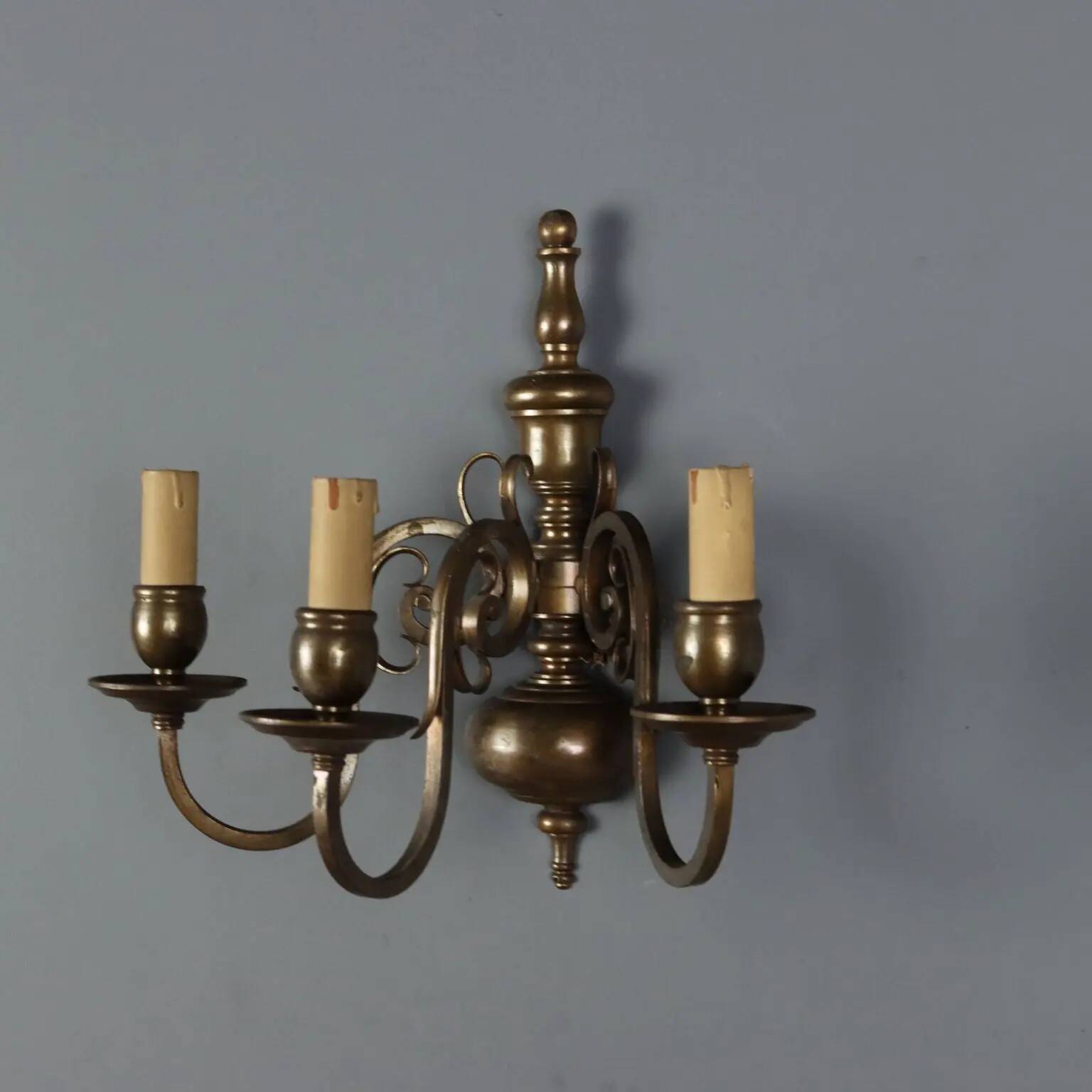 Antique bronze wall sconces with 3 lights, decorations from Italy, 20th century.