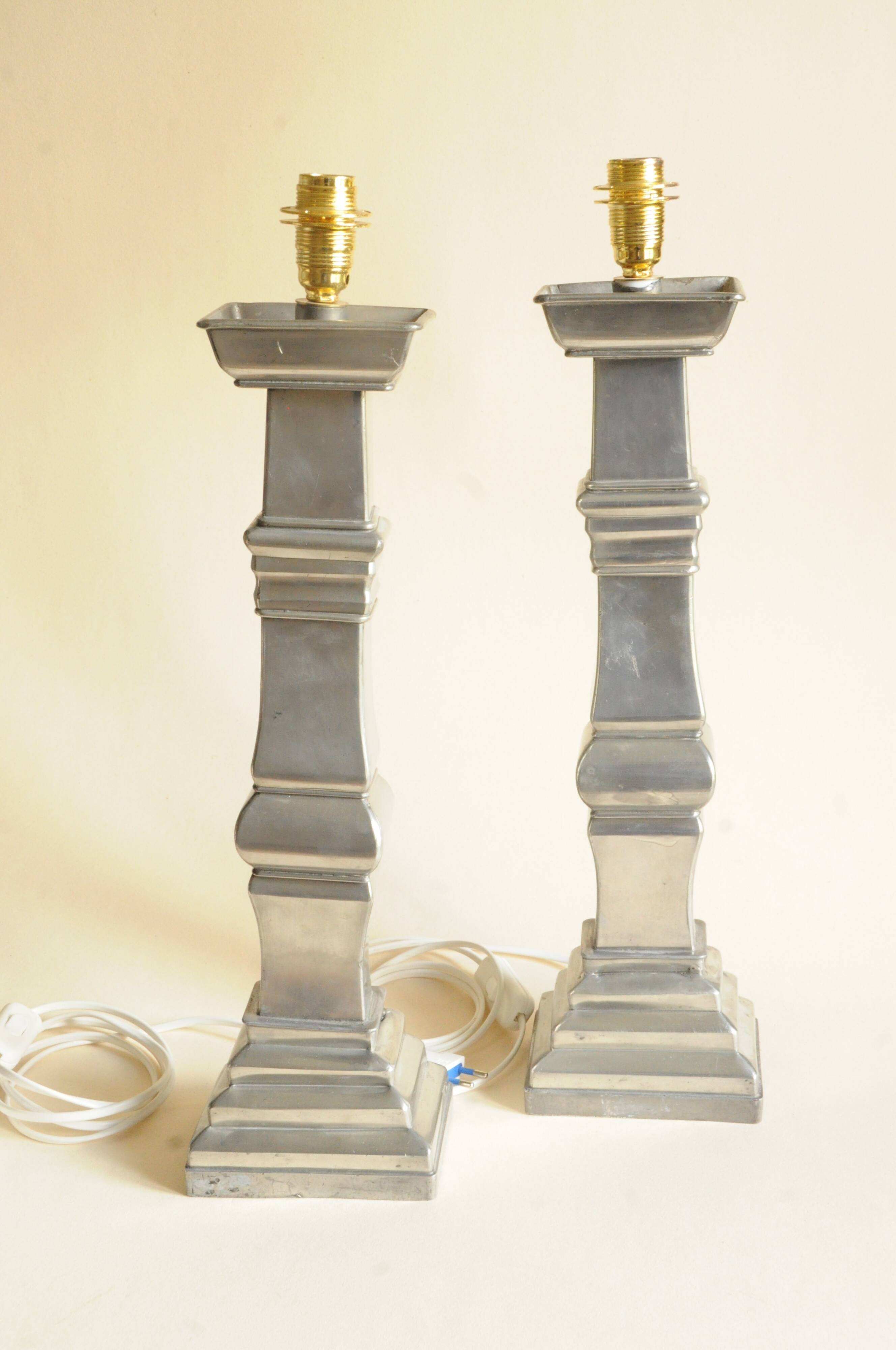 Pair of Satin Finished Pewter Lamp Bases - Tiered Geometric Column