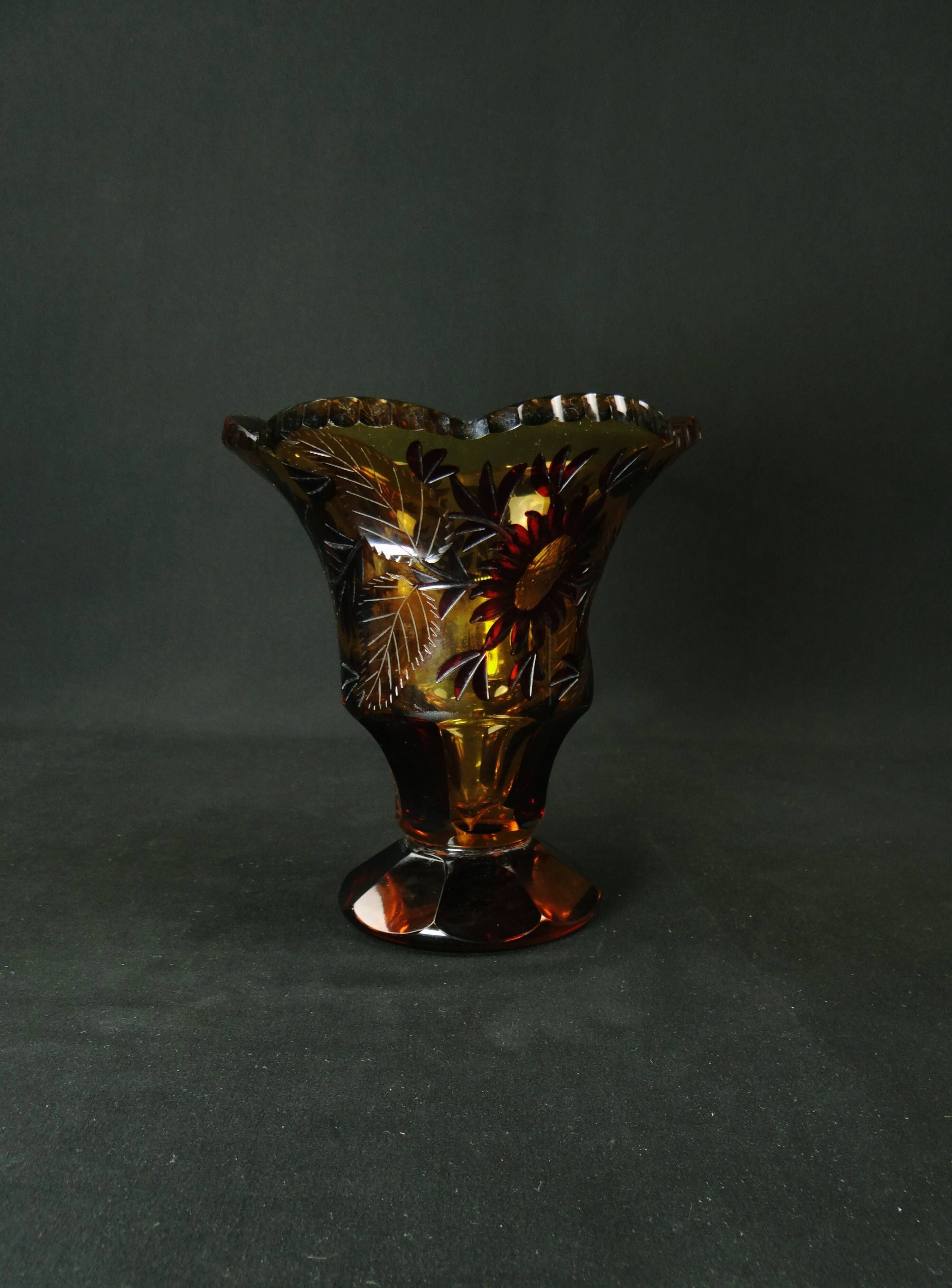 Bohemian cut crystal vase with Art Deco ruby red amber floral decoration