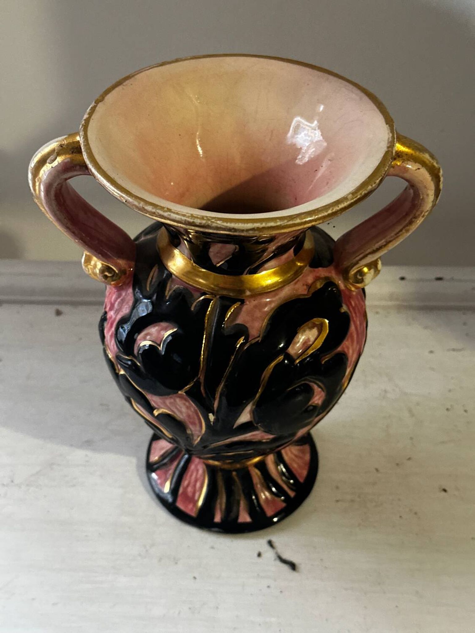 Vintage Vallauris vase amphora with relief floral decoration.