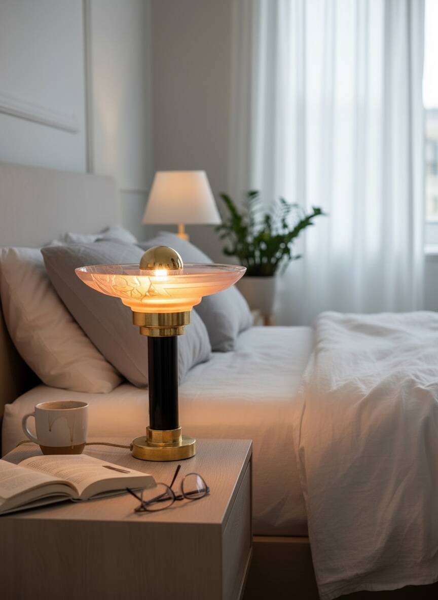 Art Deco bedside lamp with signed Muller glass.
