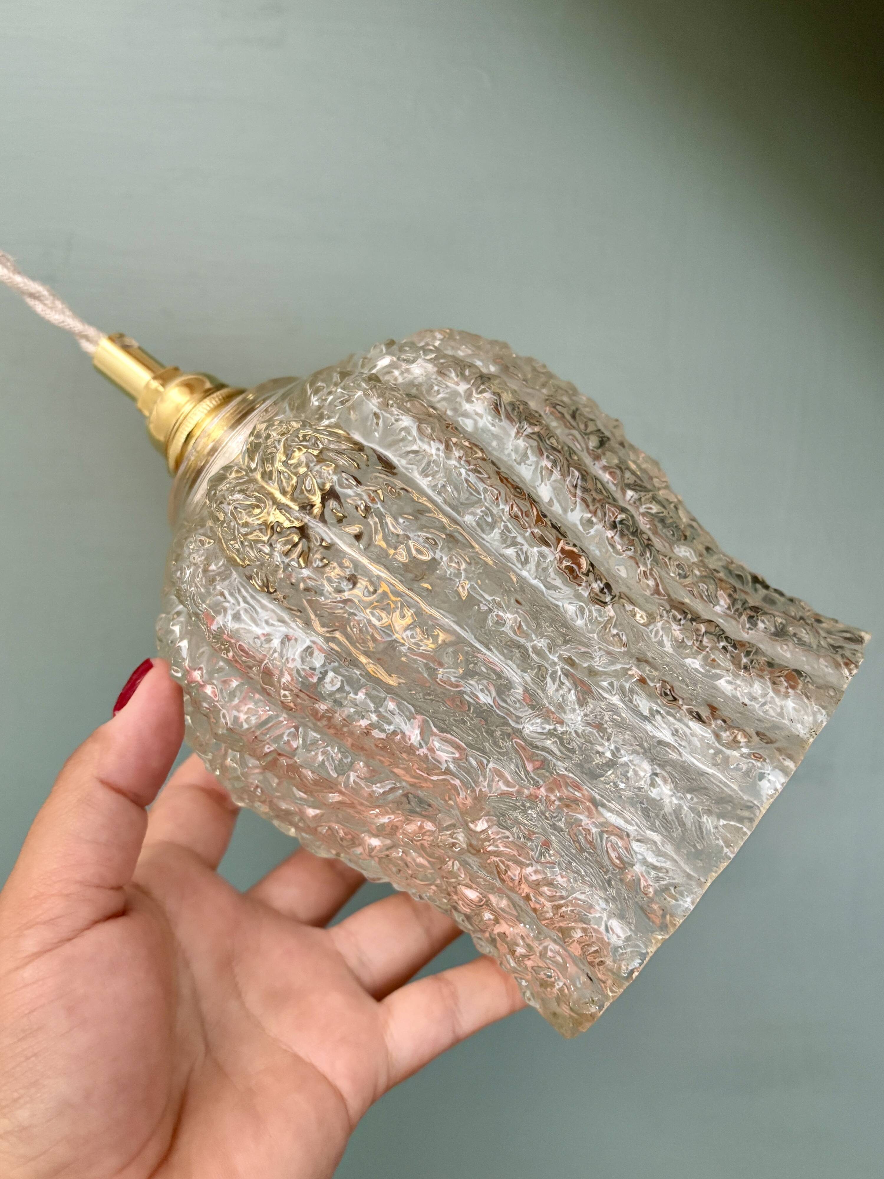 Vintage tulip pendant light in clear molded glass