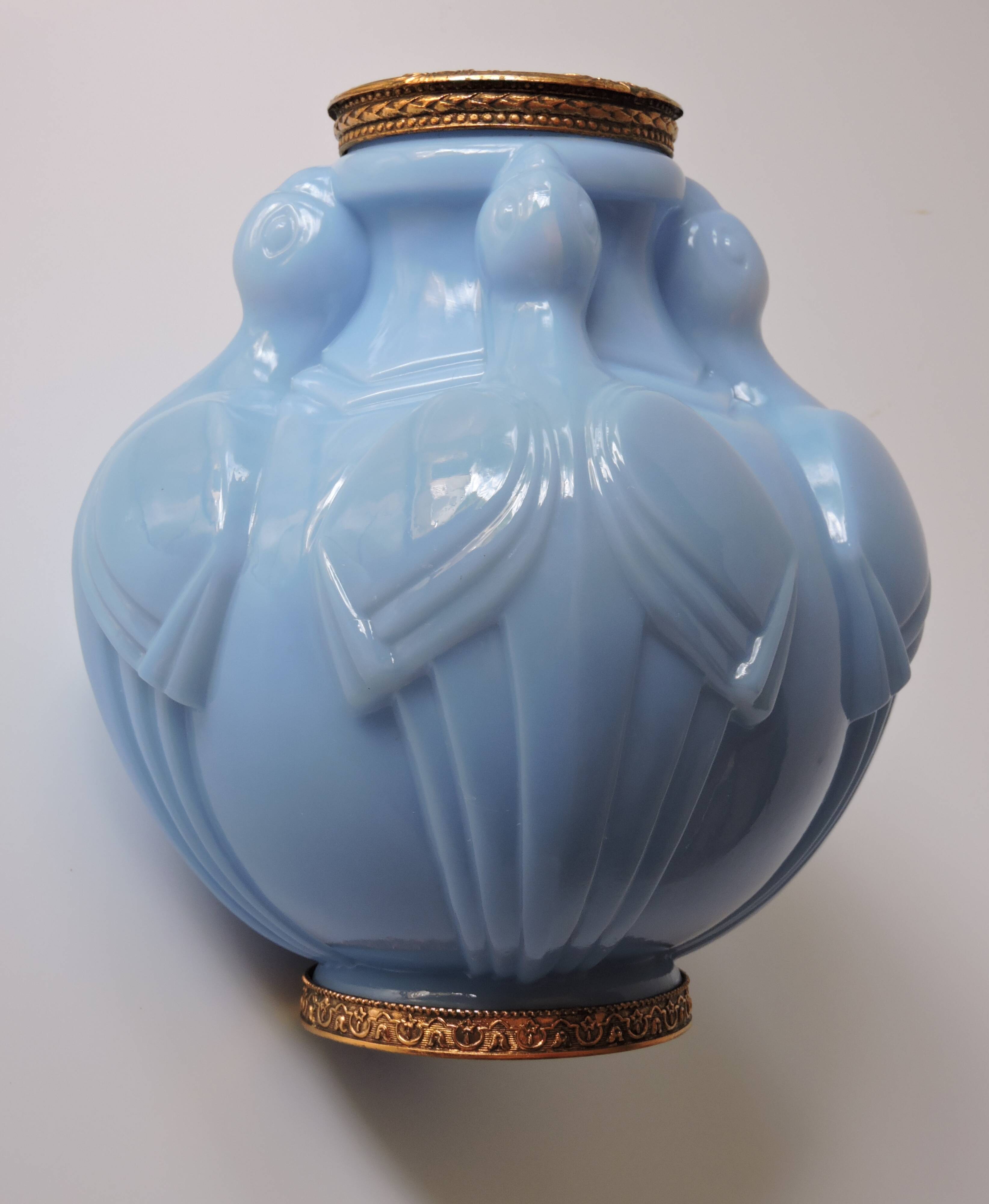 Art Deco vase in molded and pressed opaline. Stamped CLA France décor of Birds