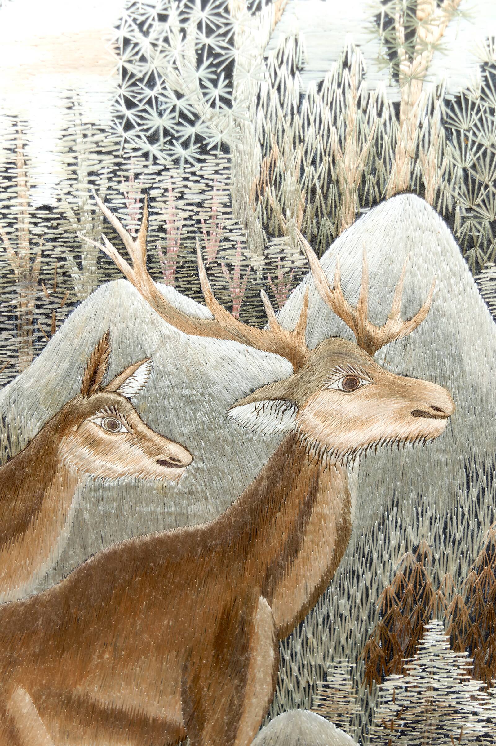 Important Indochinese silk embroidered hanging, Deer in the forest, circa 1940