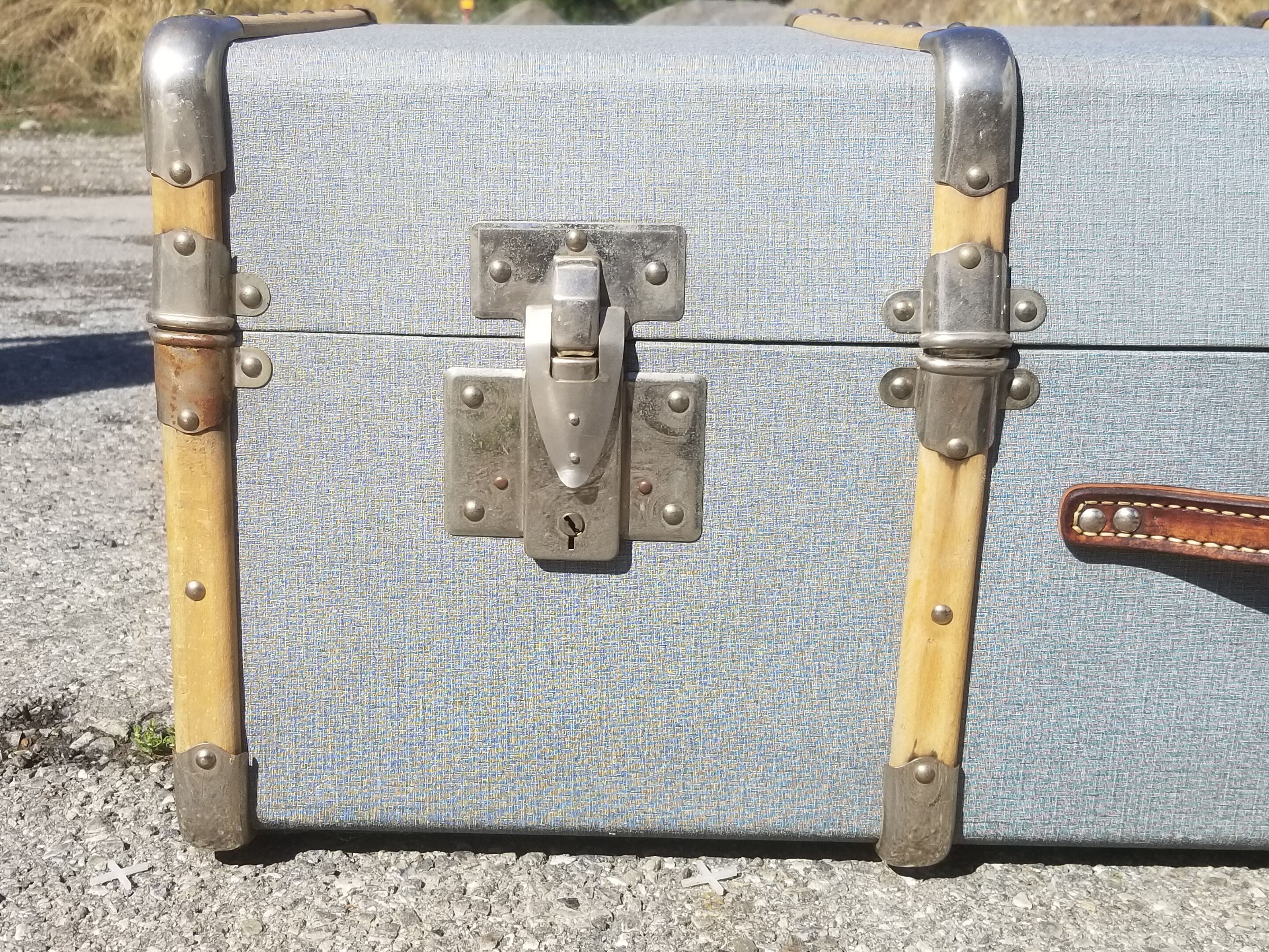 Vintage wooden travel trunk stamped bagage j.m.g.é.