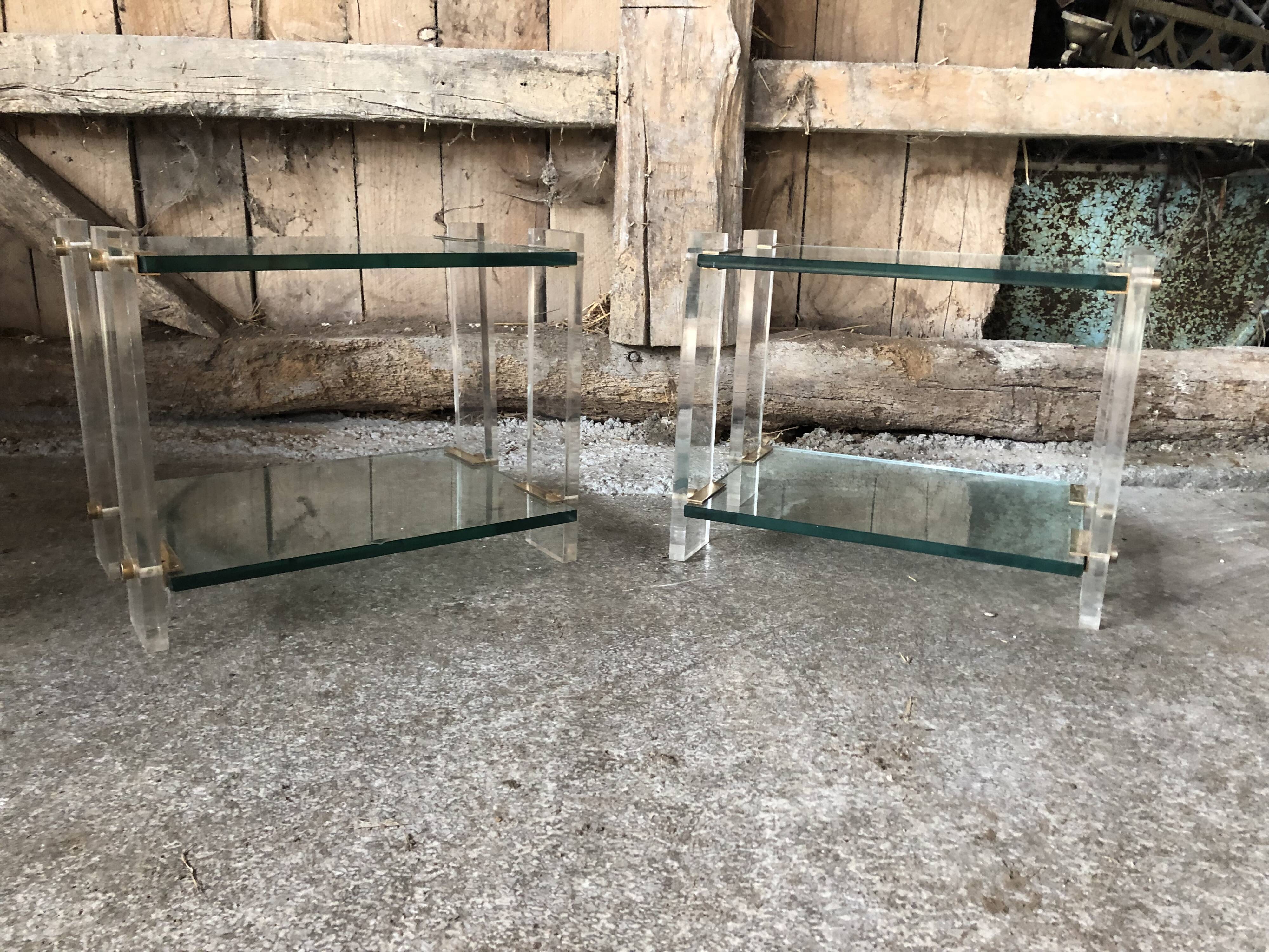 Pair bedside design plexi + brass + vintage glass trays