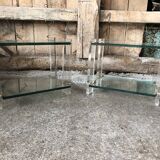 Pair bedside design plexi + brass + vintage glass trays