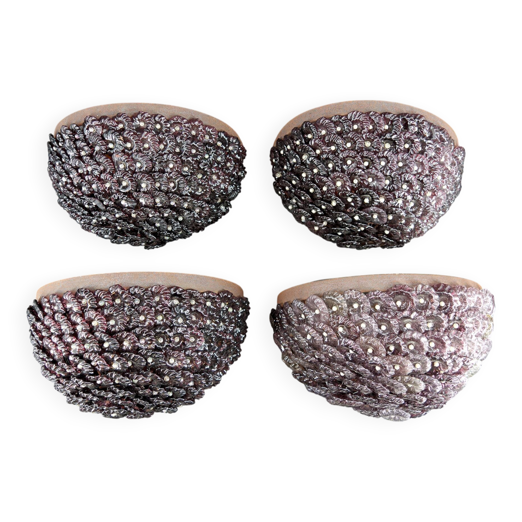 4 Wrought Iron Wall Lights with Flowers and Glass Beads, Murano, Italy, 1930